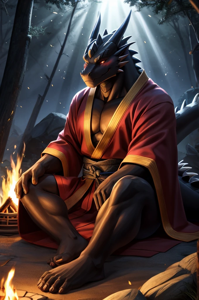 alone, kemono, (Dragon), Humanity, male, ((black body)), scale, Oriental,tail,muscle, good looking,Maroon Japanese kimono ,SAMURAI,Smiling, Warring States Period,Blushing, Fantasy, 屋outside, outside, dark, night, forest, campfire, camp, performer, Sitting, Toe Nails, wonderful, Written boundary depth, Perfect lighting, (Particles of light),(highest quality),(masterpiece),(ultra detailed),Sharp focus,Particles of light