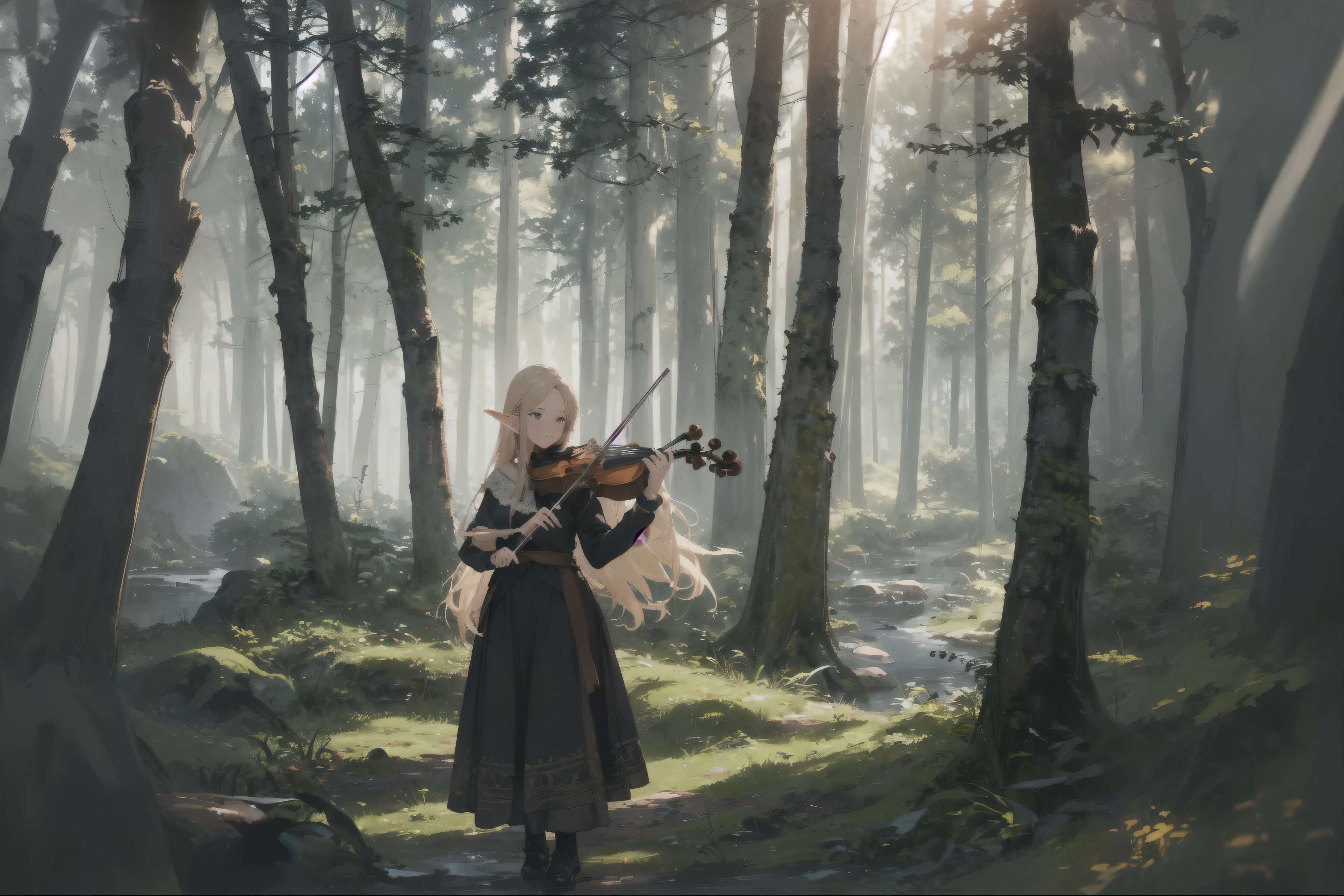 There is a woman playing the violin in the forest., Gweiz-style artwork, Fantasy Violin, (Fantasy Violin), artstation pixivのguweiz, Gweitz masterpiece, pixiv artstation の guweiz, Artjam and Athi Gairan, by ヤン・J, Anime fantasy illustration, Beautiful digital art