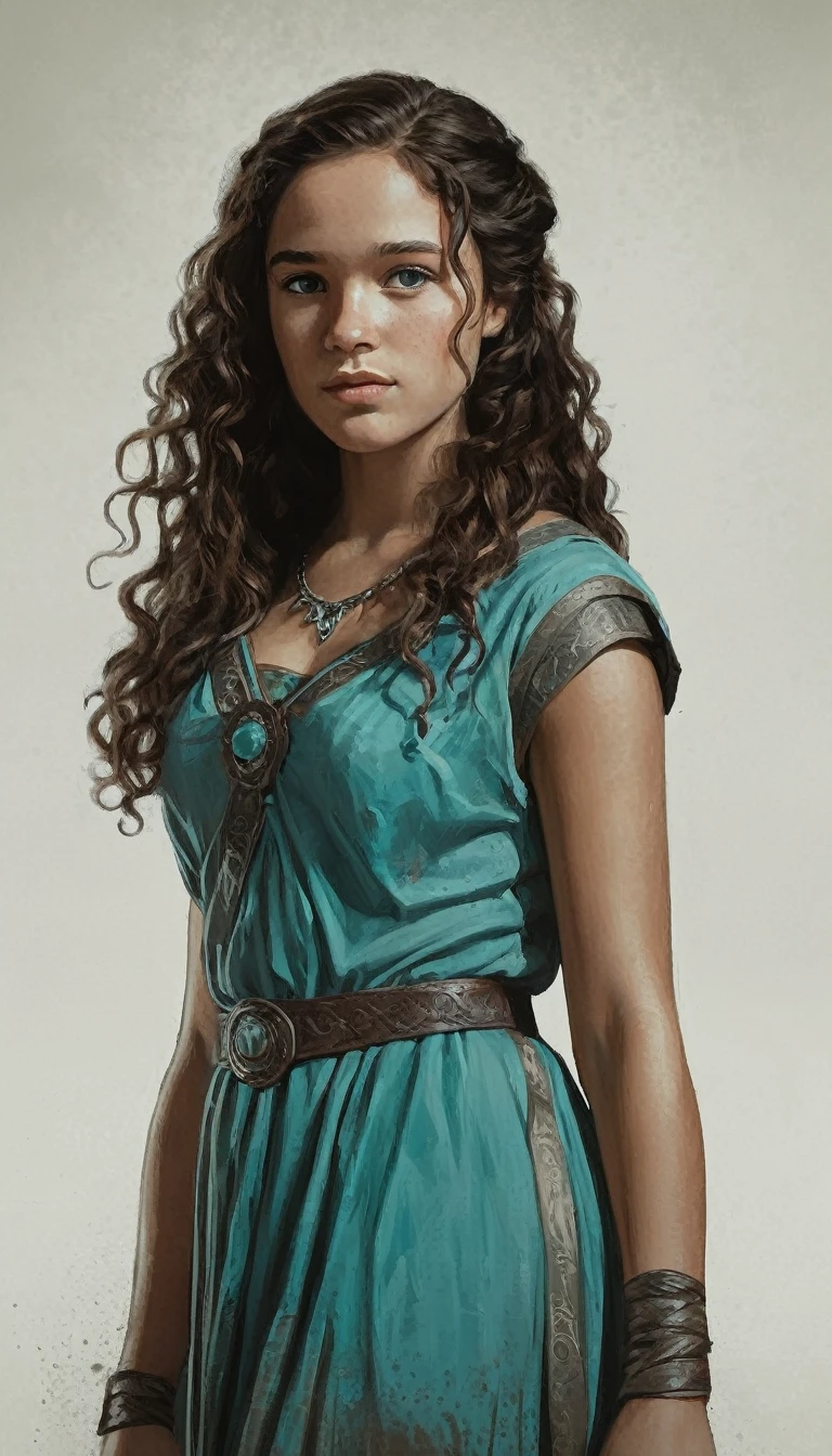 An illustrated movie poster, hand-drawn, full color, a Westerosi teenage girl, wearing a regal chiton, warm brown complexion, freckles, turquoise eyes, dark hair, long loose curls, waist-length hair, posing on a pedestal, hard shadows, graphite shading, stencil marks, airbrushed acrylic paint, masterpiece, in the style of Game of Thrones