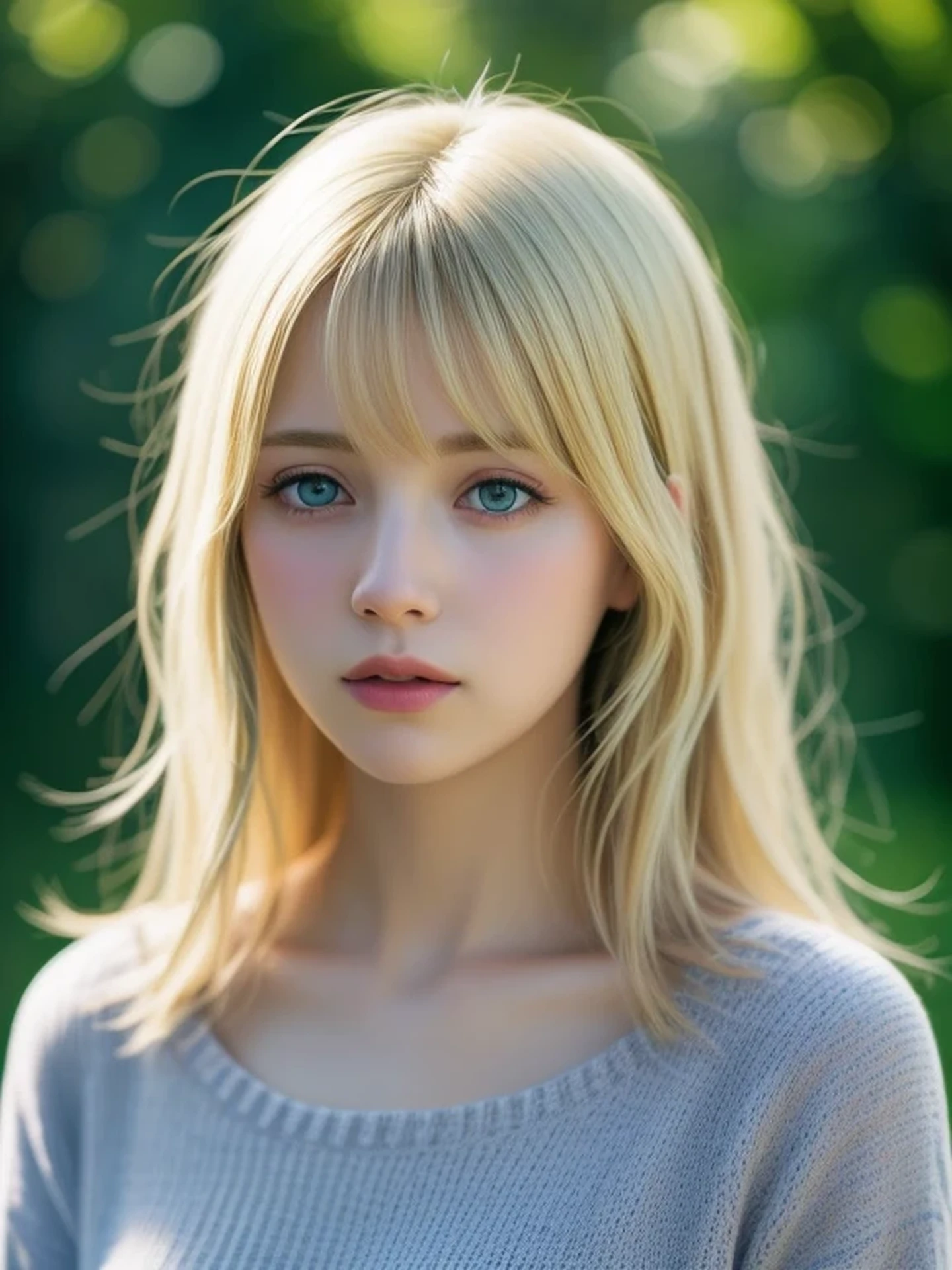 (looking away:1.4), (upper body shot:1.2), Realistic digital painting of a woman portrait, Shy,  Cute, open mouth to say something, sad, blue eyes,  (Wavy medium Hair:1.1), bangs, (Blonde Hair:1.3), (Highly detailed skin:1.2), Mystical style, Global Illumination, sweater