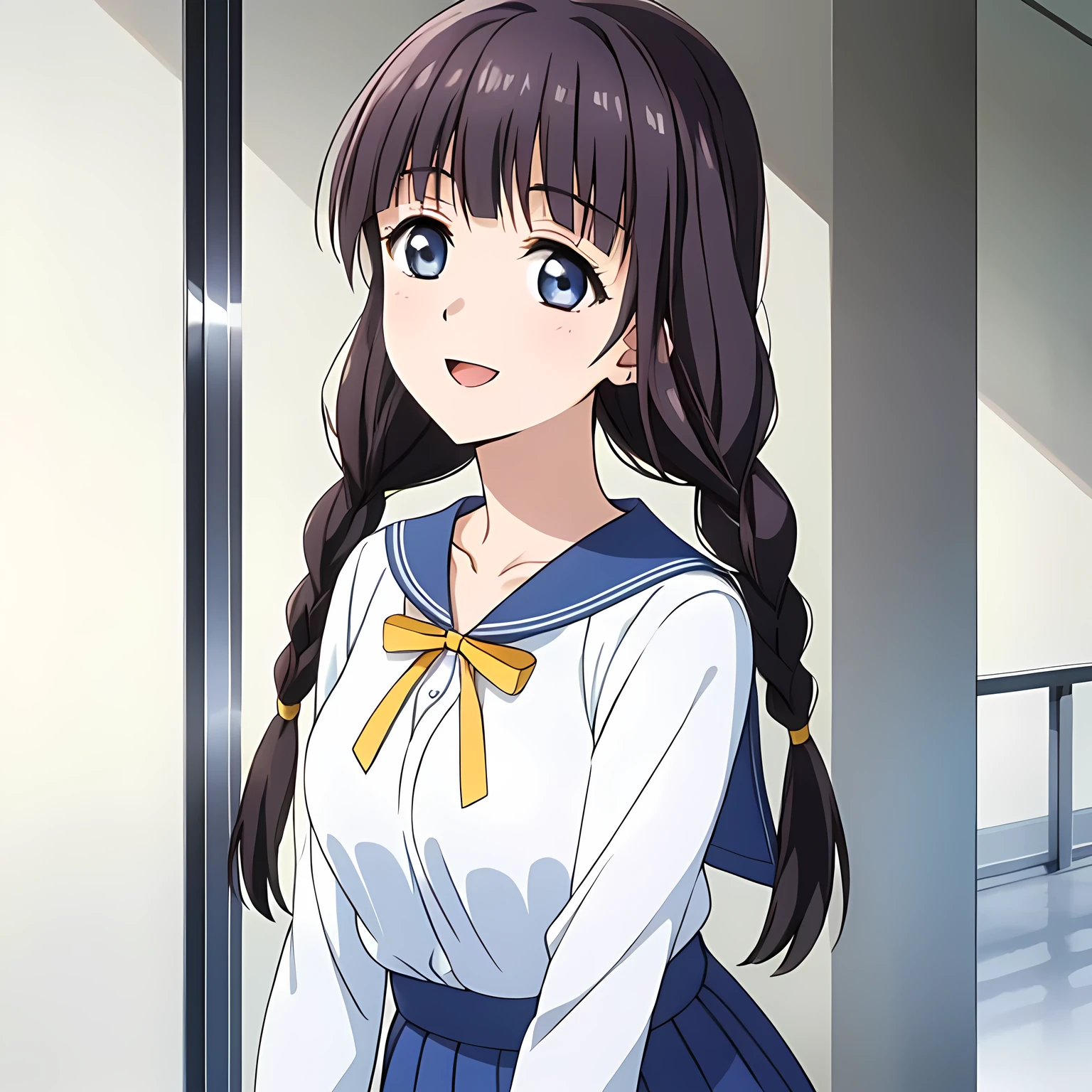 (highest quality, masterpiece:1.2), highest quality, High resolution, 1080p, 8K, Height: 158cm, Anime-style CG, ((A beautiful game heroine is smiling and looking up at the viewer next to her)), A face that everyone loves, Glossy lips, Even bangs, Double, Long eyelashes on both the top and bottom, Smiling blue eyes, The very large and thick yellow ribbon bowtie is very cute., ((Black Hair)), ((long twin braids)), (((A long, neat, dark navy pleated skirt))), (((Dark navy blue long sleeve winter sailor suit))), The dark blue sailor suit is very pure, Smiling, slightly open mouth like a game heroine, Ribbon in hair, Tight waist, (((The background is a blank white wall))), ((The wind blowing upwards is only shaking my bangs)), The ribbon is big and very pretty., Shot from above