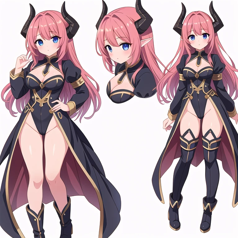 masterpiece, best quality, cute eyes, 1girl, solo, high fantasy costume, ((white background)), full body, multiple views, boots, leotard, succubus, horn,