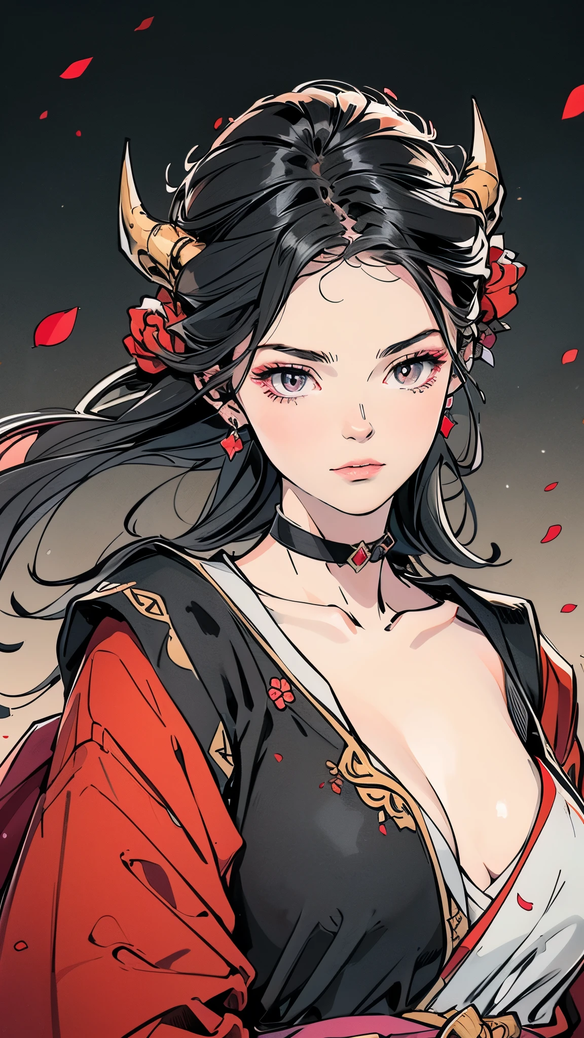 Seven Rhaeyar (Deylta), Ancient Star goddess, Perfect female anatomy (Royalty, Adult Female, 166cm in height, Cool pale skin, slim, slender, 34D breast size, Long Jet Black Hair, Gray Colored Iris , a set of Jet black colored horns on her head), Neutral facial expression, Elegant black uniform dress, female choker accessory with silver complimentary jewelry, dragon motifs, Black rope accessories, Simple Black Background, receiving light from the front, Slightly focusing on her face up close, Ethereal glow, Red Rose petals falling, Japanese inspired