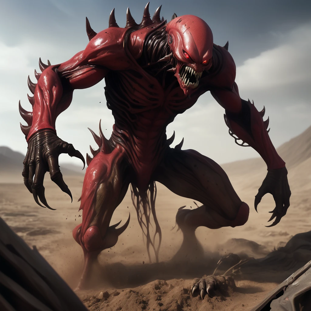 A humanoid being with claws coming out of his back that dig into the ground making him stand up, as he can't move his leg, he has red skin and a face looking like a fallout ghoul and he has alien features, and he is tall and big