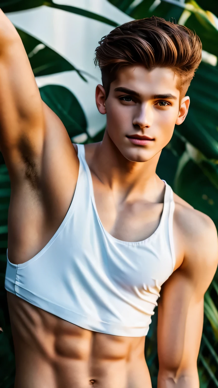 the most beautiful boy, boy, he wears a tank top, white tank top, slim body, defined body, harmonious body, symmetrical body, attractive man, handsome man, looking at the camera, evil smile, light brown hair, he is a moodel top, greek model, pose, film grain, ultra-detailed, portrait