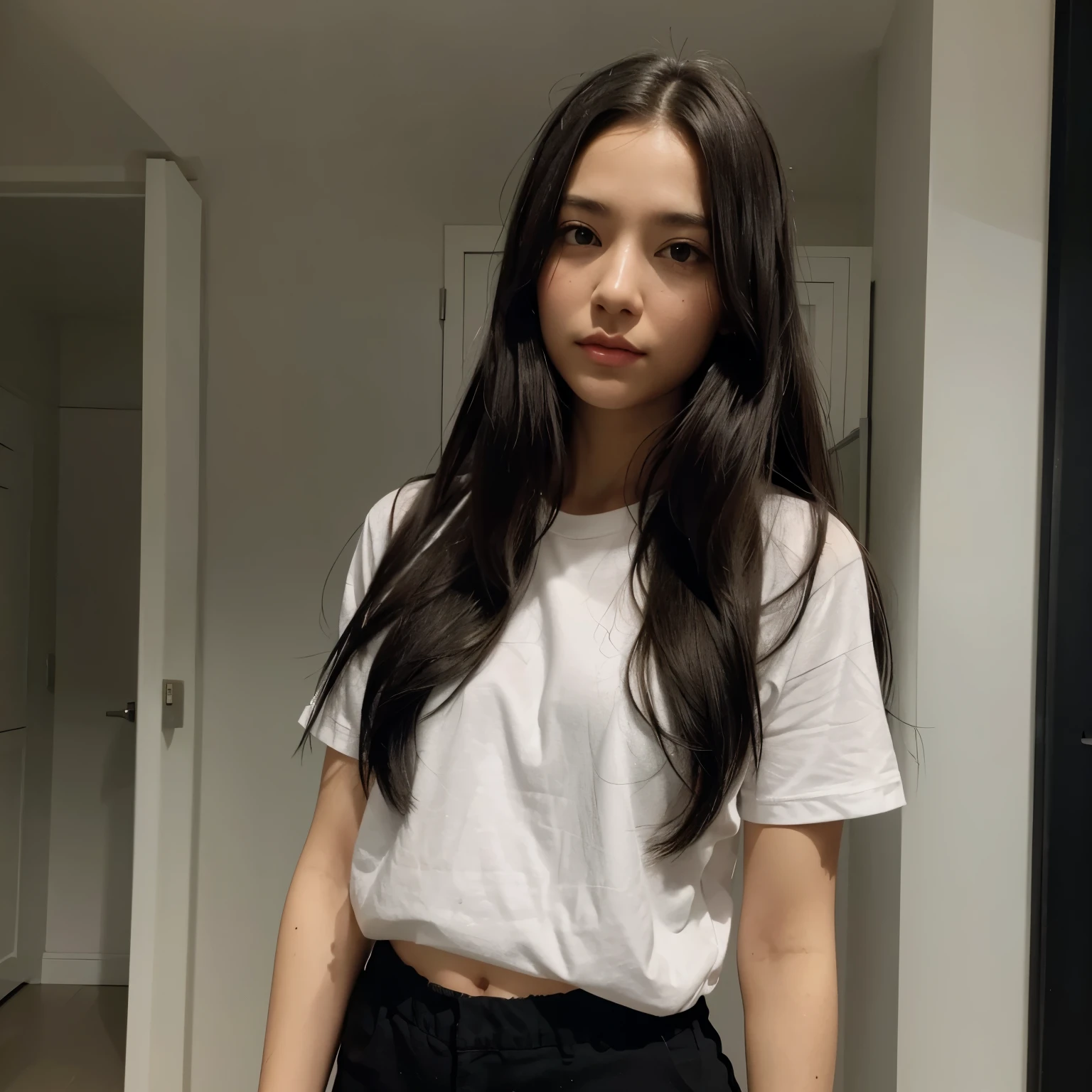 1woman long hair,black eye,Wearing simple black shorts