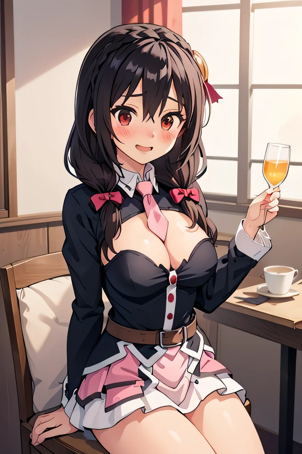 (masterpiece, highest quality), One girl, Yunyun,Long Hair,Braiding,Twin tails,Hair between the eyes,Hair Ribbon,hair ornaments,large round breasts,、Pink Skirt、Red Eyes、The best smile、Mouth open、(blush:1.5)、night、indoor、Crown Blade,Black Shirt, Long sleeve,Pink tie, belt, Cleavage cutout、cowboy shot、Grab the hem of your skirt with one hand、Sitting on a chair、Holding out a glass、My clothes are disheveled