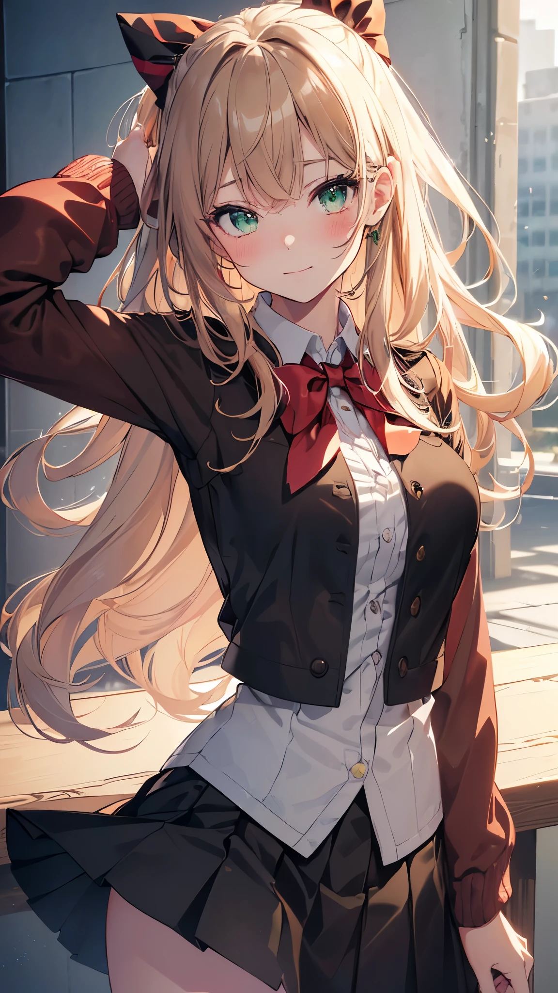 ((Tabletop, highest quality, High resolution, Hmph, Pixel perfect, Depth of written border, 4K, Hmph, Hmph))), 1 girl, single, alone, Beautiful Anime Girls, Beautiful art style, Anime characters, ((Long Hair, bangs, Dark brown hair, Curly Hair:0.8)), ((Green Eyes:1.4, Fine Eyes, Beautiful Eyes, Perfect Eyes,Curled eyelashes, Realistic eyes)), ((Detailed face, blush:1.2)), ((Smooth texture:0.75, Realistic texture:0.5, Anime CG Style)), Medium chest, Dynamic Angle, Big Breasts, Perfect body, Dynamic pose, ((Red bow tie, , Black jacket, Open jacket, Brown cardigan, White shirt, Black Skirt, Checked skirt)), smile, Open your mouth, Put your arms behind your back, Leaning forward, Amalment Park, ((close, throw, cute, Shoot in the face))