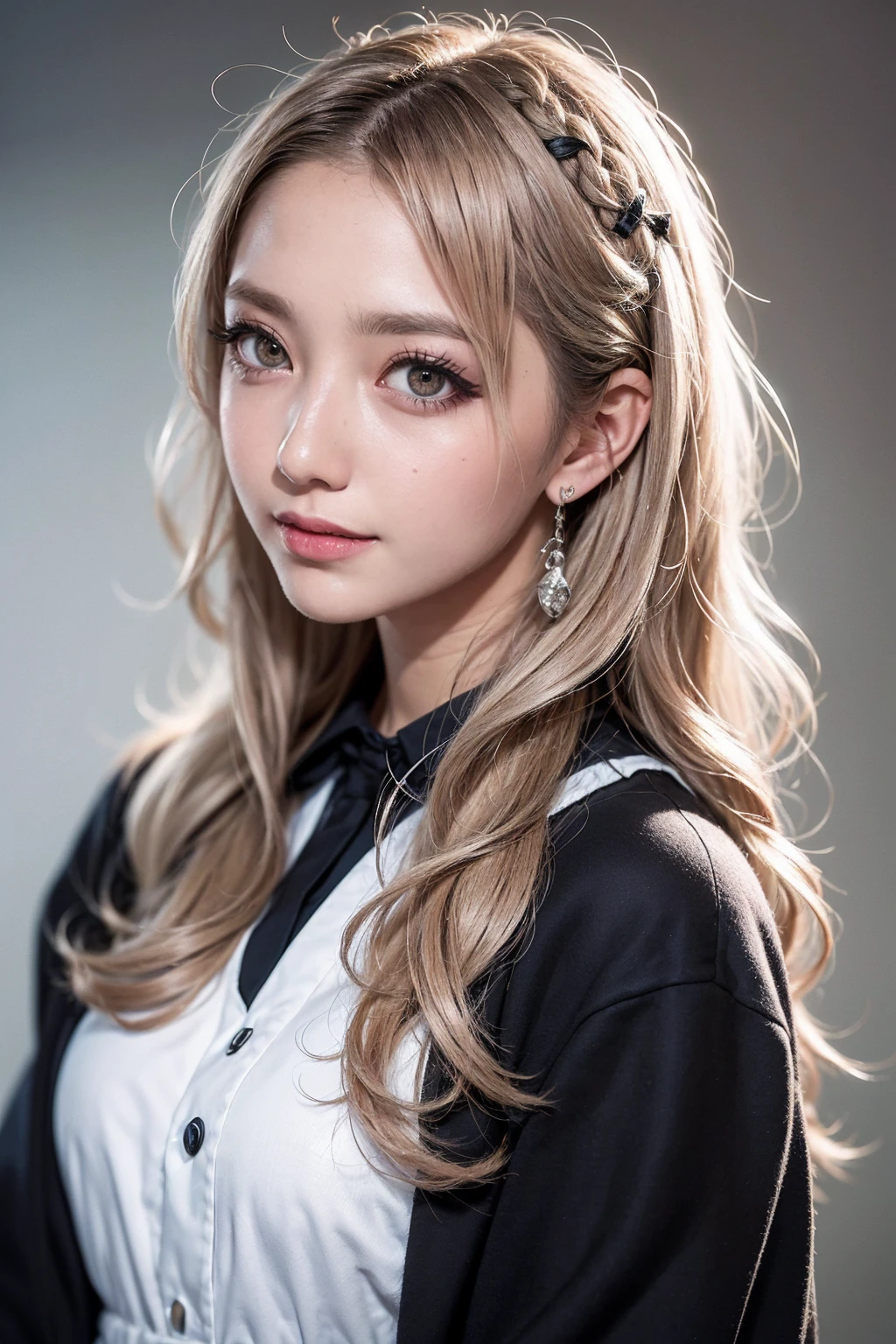 Realistic, masterpiece, highest quality, Highest Resolution, High Detail, Soft Light, Professional Lighting, Backlight, Film Grain, The background is blurred, Japanese , , Upper body photo, Looks sleepy, inattention, Grinning, Open your mouth, Beautiful and detailed eye drawing, (Droopy eyes:1.3), Dark Eyes, Thin eyebrows, Draw eyelashes carefully, Eyelash extensions, Gal Makeup, Orange Cheek, (White brown wavy hair, Long Hair, Hair tied back, middle part:1.3), (Hidden eyelid wrinkles:1.3), (Gothic uniform:1.2), (The subject was photographed from above at an angle, The model is turned to the side, avert your eyes:1.3), (Hydrangea decoration:1.3), (Face close-up:1.3)