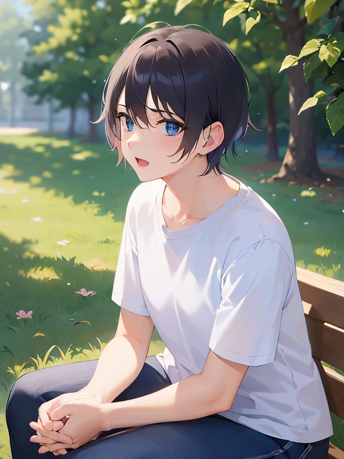 Detailed CG,Ultra-fine illustrations,masterpiece,highest quality,BREAK(28-year-old male:1.5)and(Black Short Hair)and(blue eyes)BREAK,(White T-shirt:1.5)and(jeans),(worried:1.2)and(open mouth),(own hands together:1.5)and(Biologically correct5Finger)and(missing fingers),looking side,side angle,leaning forward,Park bench,alone