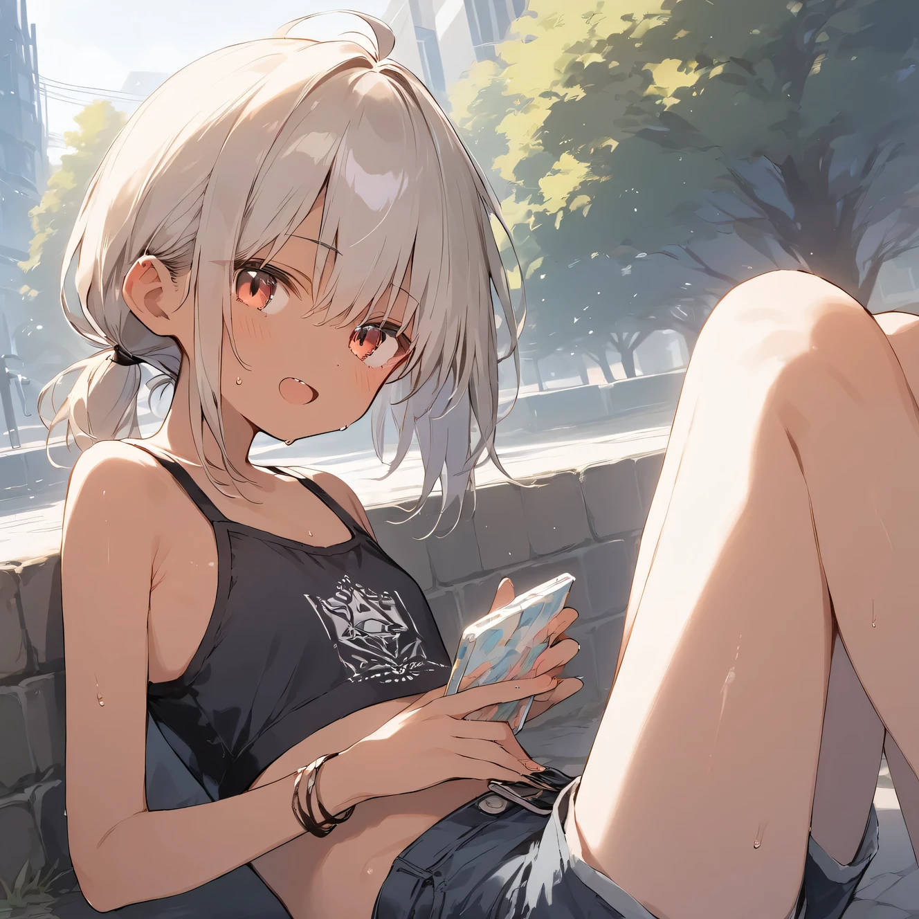 score_9, score_8_up, score_7_up, source_anime, best quality, masterpiece,official art, absurdres, highres, waifu2x,Collection: Slice of Life,break,1girl, tomboy, dark-skinned female, short hair, low ponytail, flat chest, beautiful detailed eyes, short shorts, sweat, open mouth, (yawn:0.3), sleepily, outdoors, park, break,(clear line illustration:1.2),very high resolution, very aesthetic, super detailed skin, Best sexual lighting powered by famous artist, 8k,cute picture,beauty illustration,photoshop_(medium),,(Detailed Lighting)