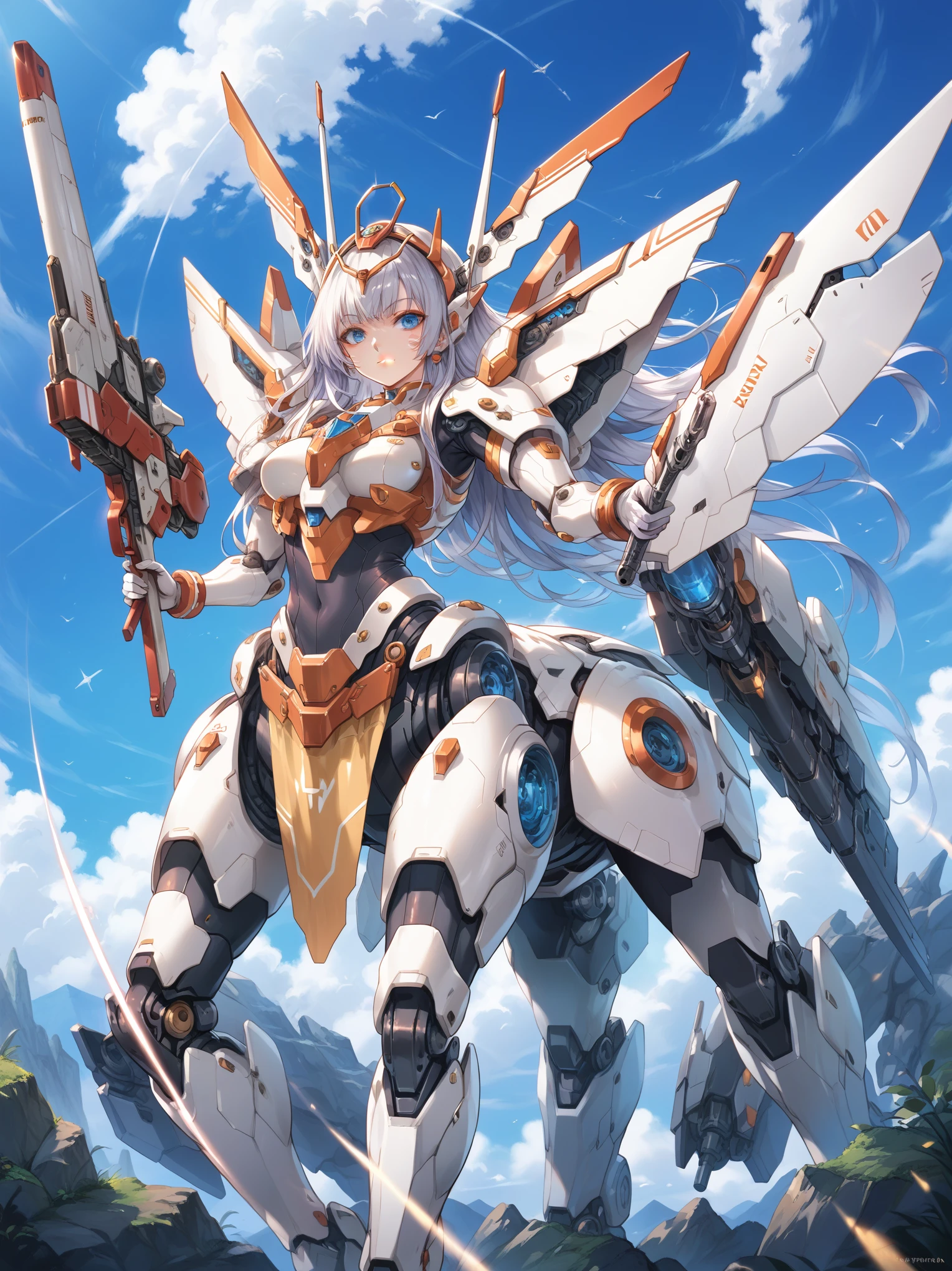 score_9, score_8_up, score_7_up, source_anime,masterpiece, best quality, high resolution, extremely detailed CG, absurdres, highres, ((perfect face, detailed face)), 1girl, solo, A mecha centaur girl, mecha girl, ((white_outfit with blue_praints)), holding weapon, mecha long gun, outdoors, high contrast, ((gloss))