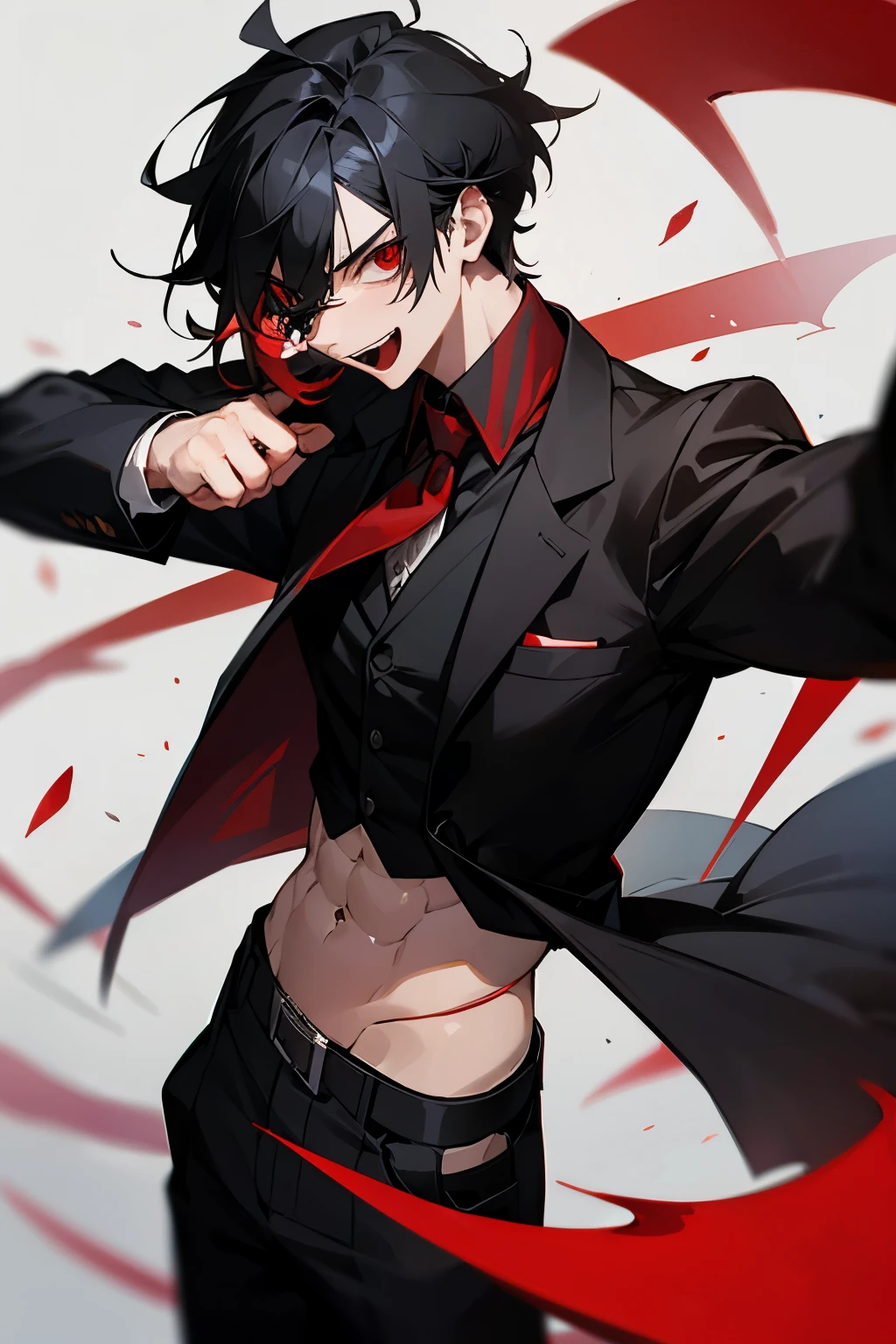 man,Wear a red eye patch on your right eye.,black hair,Wear a suit,have abdominal muscles,red sickle,open mouth smile,There is a red scythe.