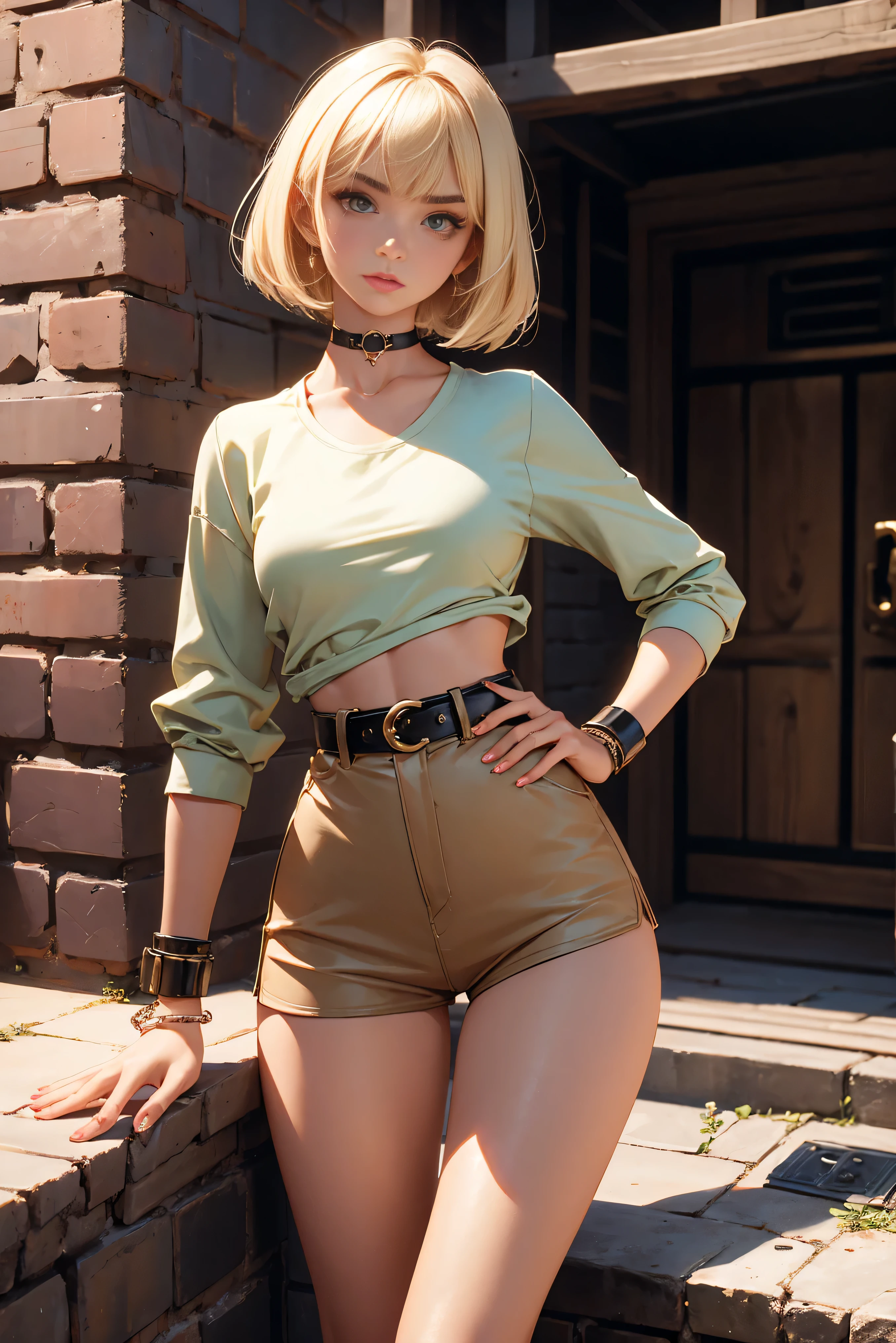 age girl 20 years old, hot model, blonde, bob hairstyle, bangs, brown eyes, makeup, manicure, very tanned, crop sleeve shirt, very short mini shorts, bracelets, choker, belt, beautiful long legs, beautiful thigh line, hands on hips, flirty posing, sexy girl, slave girl, punished girl, prison girl, handcuffs and shackles on her hands, dungeon, haunted castle, aesthetics, top quality,