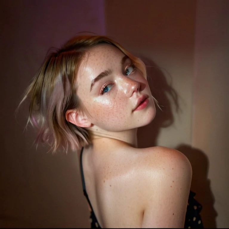 there is a woman with a very short hair and a dress, pale glowing skin, sydney sweeney, soft light from the side, lovely delicate face, rosy cheeks with freckles, with pale skin, soft lighting from above, soft flawless pale skin, 18 years old, soft freckles, light cute freckles, perfectly lit face, 🤤 girl portrait, with freckles, glowy cabello y piel ssupr detallado, la mejor calidad