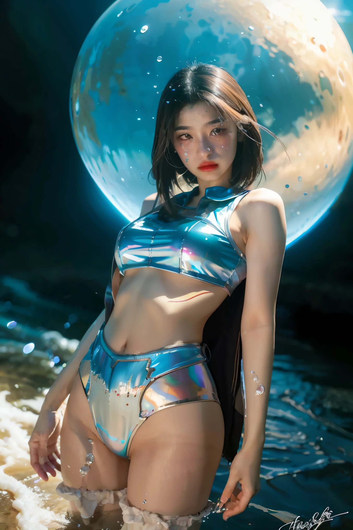 best quality, masterpiece, realistic, adult female, messy [updo|hanging] hair, (full body:0.6), solo, (full body:0.6), looking down, detailed background, detailed face, Sc3pt4, scifi theme:1.1), mercury-wizard, melancholic, surrounded by waves of iridescent silver, alchemical imagery, reflections, silver-colored fluid, metallic sheen, shiny, dynamic pose, fluid movement, floating particles, droplets of mercury, flowing metal, blending mercury, foreign planet in background, dripping mercury formations, volumetric lighting, cinematic atmosphere, sharp details, high detail skin, realistic skin texture, perfect eyes, white dress,