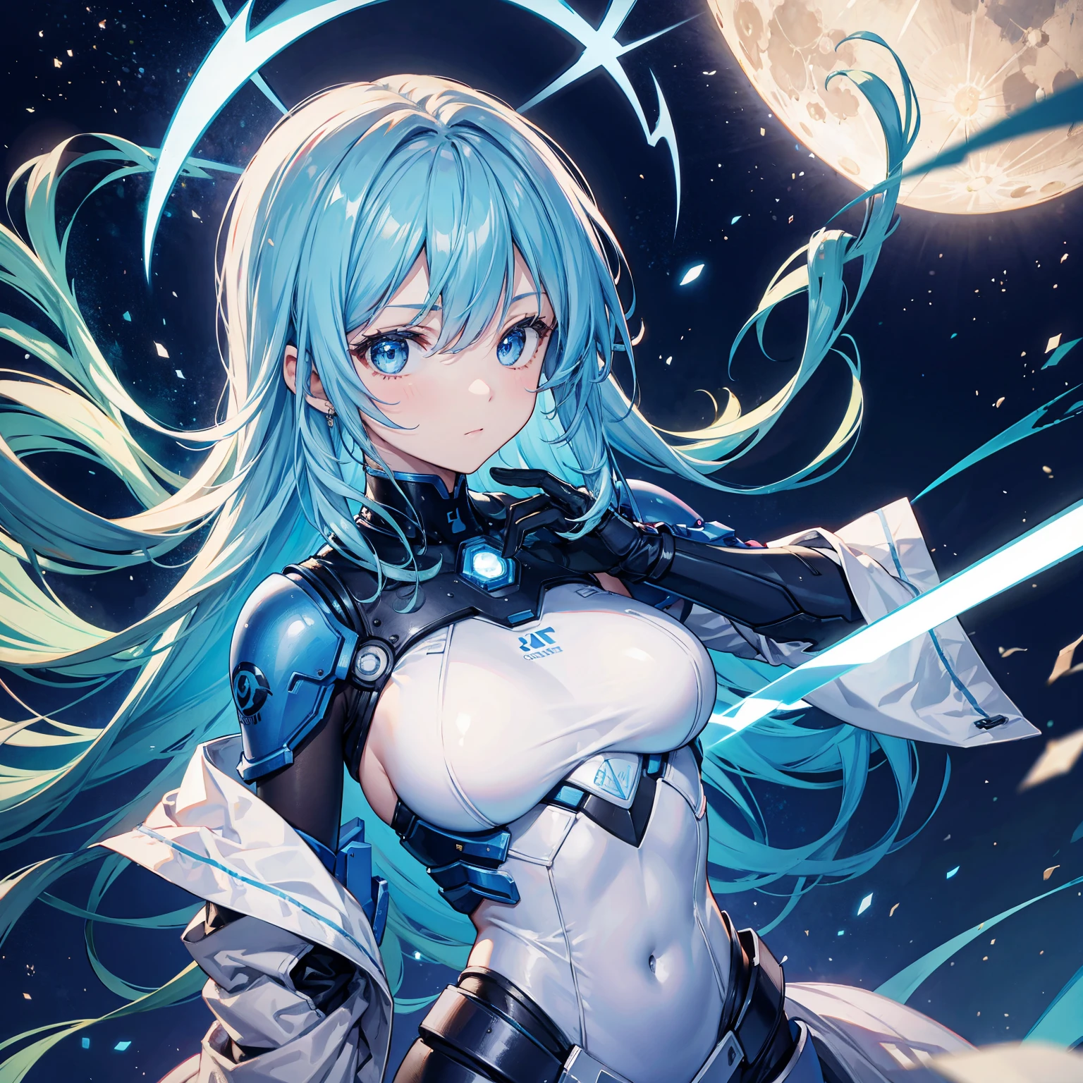 8k, highest quality, (real:1.4), Original photo, 1 girl, Asari Hair, Biological Amplifier, refined armor, posture: Peace talks between warring factions,attention arousal, smart blue eyes,Blue big moon and blue light swirl in the background,Blue halo,Alert posture
