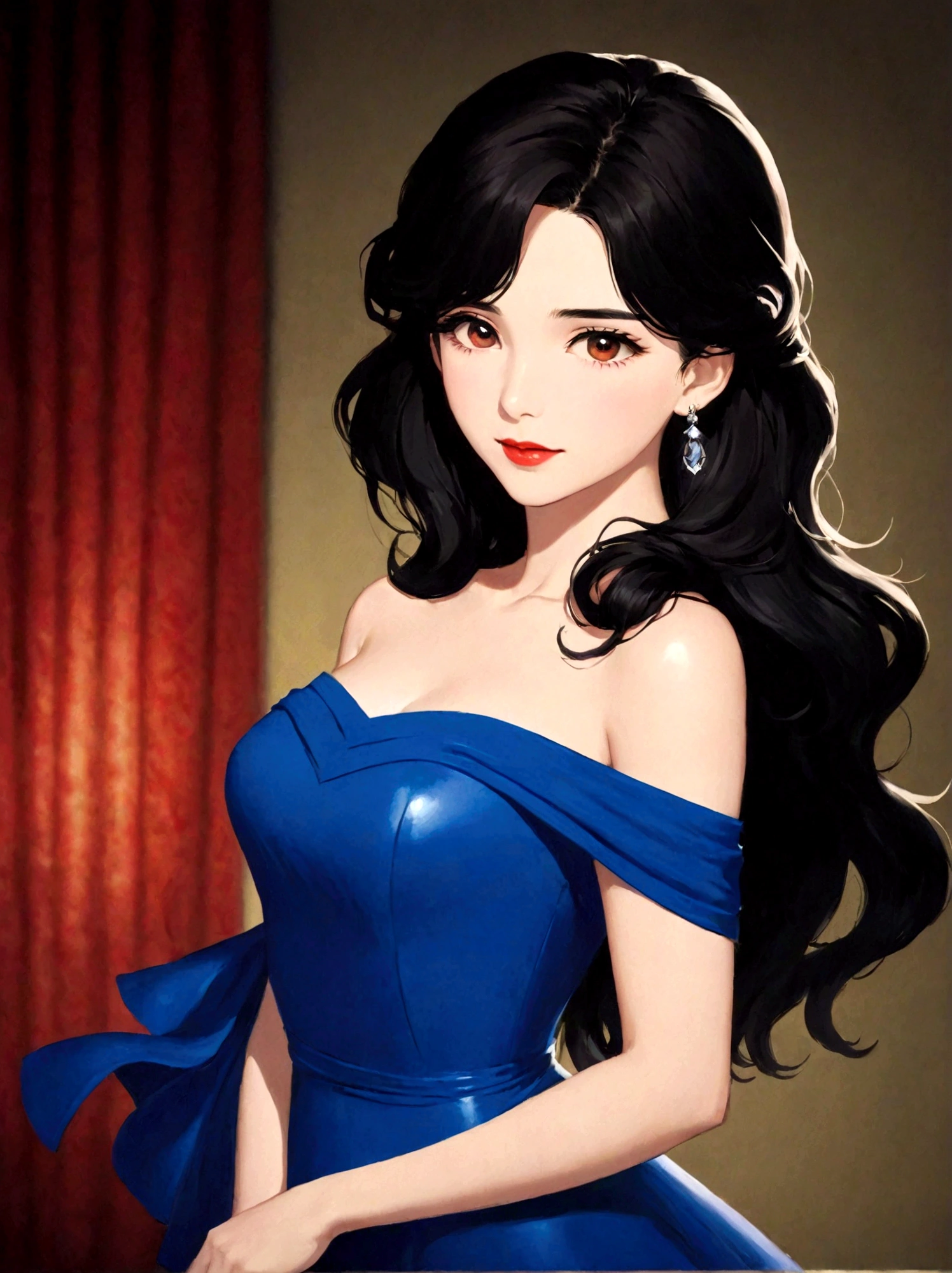 1 girl,Blue dress,Akimbo,Bare shoulders,Black Hair,breast,clavicle,Long hair,Looking at the audience,mole,Shoulder,solo,Upper body