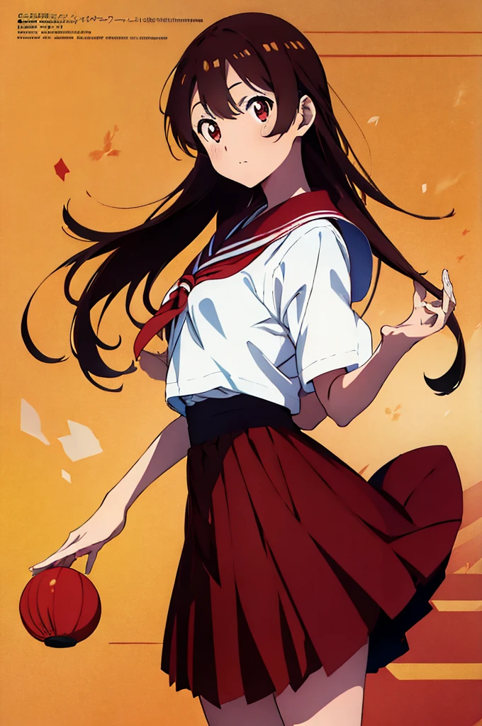 full body shot, front photo, High school girls, brown long hair, red eyes, a benevolent expression, sailor suit, Standing with correct posture, tall, height 170cm, In a Japanese anime style, long skirt, Japanese educational background, vibrant colors, warm eyes, Nikon D5600, 50mm lens,  charm, mature appearance, Adultness