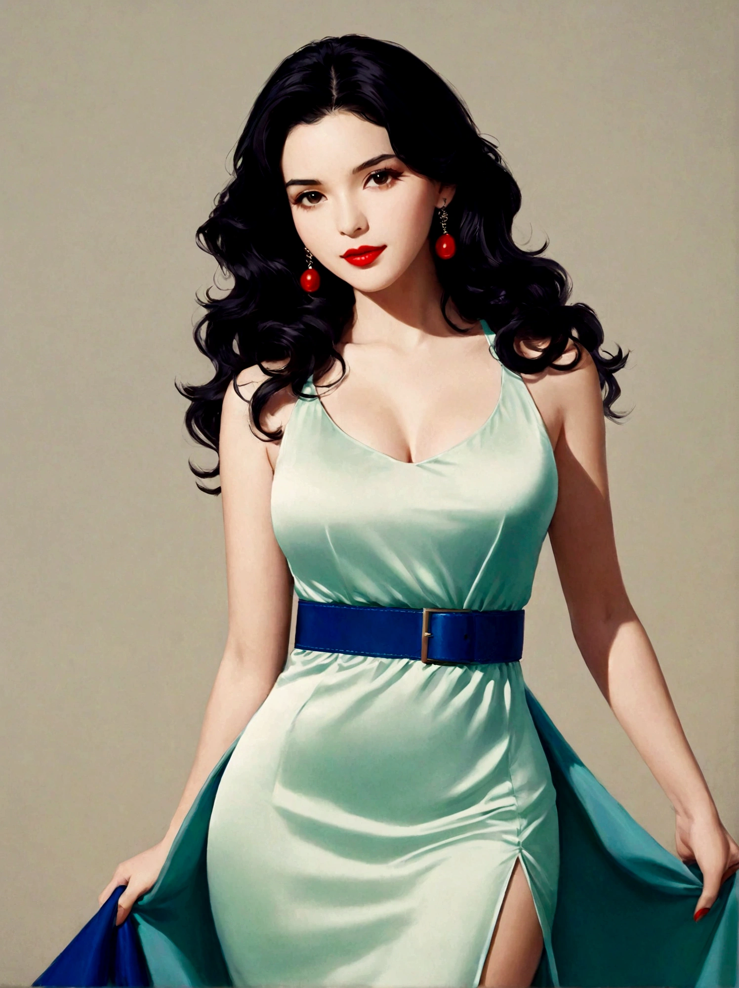 1 girl,Green Dress,Blue belt around waist,Red lips,Black Hair,breast,clavicle,Akimbo,Long hair,solo,Wavy hair,