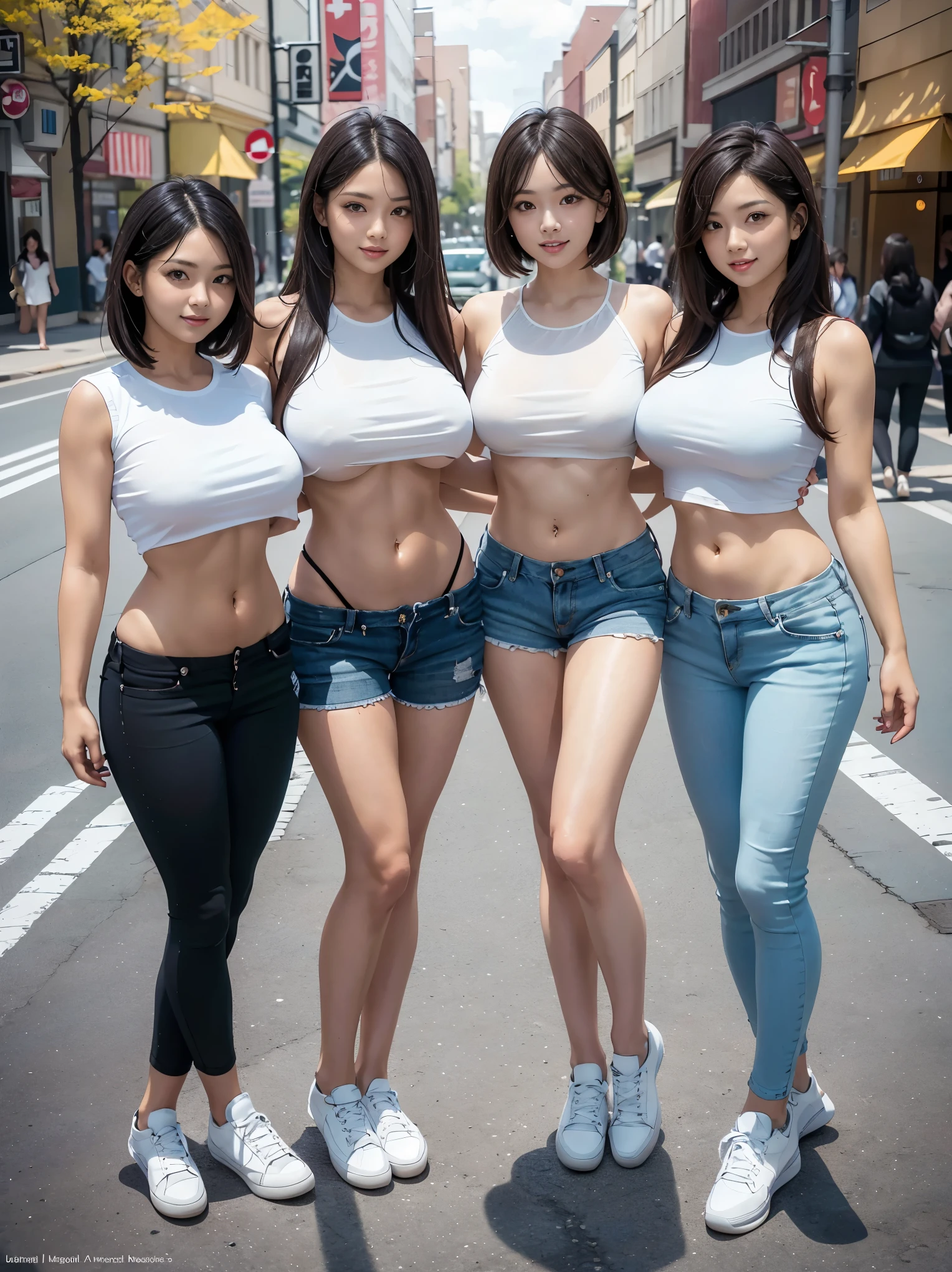 (Best Quality, Masterpiece, Photo realistic, Ultra Detailed, ultra high res, raw:1.3), (4 girls, group shot), pretty, Japanese, smile, bangs, double eyelids, (big breasts:1.3), (long hair| medium hair| short hair), (LowriseXL, LowwaistXL, groin), cropped T-shirt, skinny jeans, navel, sleeveless, (sneaker, beautiful legs, full body), main street,
