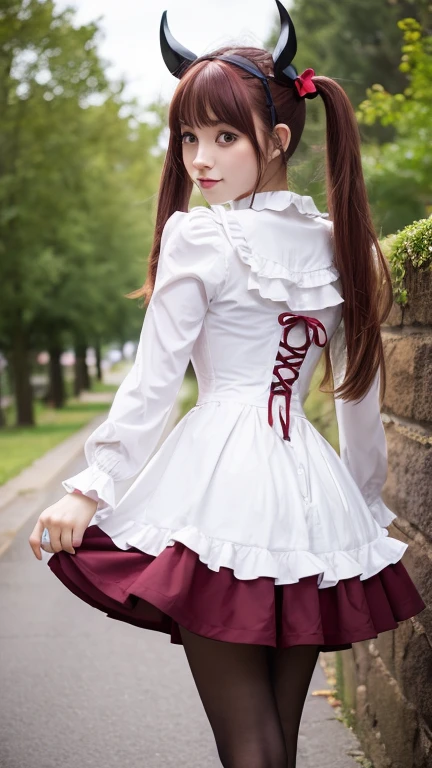 Linear,One girl,alone,Short Twin Tails,Hair between the eyes,Pink Hair,Medium Hair,Devil horns,Dark red hair ribbon,Pointed Ears,Purple eyes, Ruffled shirt collar,Dark red choker,White frill shirt,Juliet Sleeve,Long sleeve,Dark red neck ribbon,Dark red dress,White ruffle dress,White layered dress,Brown corset,Striped pantyhose, Mary Jane,Outdoor,Battle Axe,Has an axe, Amazing visuals, High resolution,masterpiece,highest quality,Amazing visuals,High resolution,masterpiece,highest quality,18-year-old,young woman,Beautiful fingers,Beautiful long legs,Beautiful body,Beautiful character design,