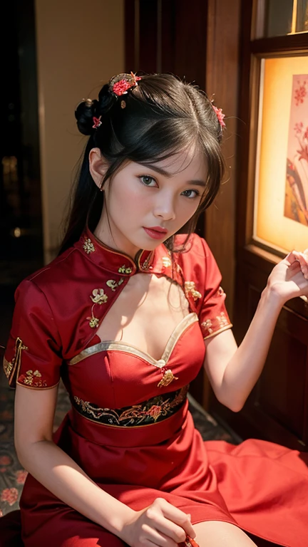 high-level image quality、closeup portrait:1.4,detailed faces,Like a shot with an SLR、Sensual body,thighs、slit、Painting a work of art depicting two women in a translucent traditional cheongsam sitting together,duo,((sisterhood)),front view,rendering by octane, hdr,leering:1.3,topknots,hairbuns,Chinese hair ornament:1.4,Chinese hairpins:1.4,Chinese hairsticks:1.4,Fireflies, night, starry sky, jewelry,light particles, (fantasy: 1.2), stars, fantasy, small medium breasts