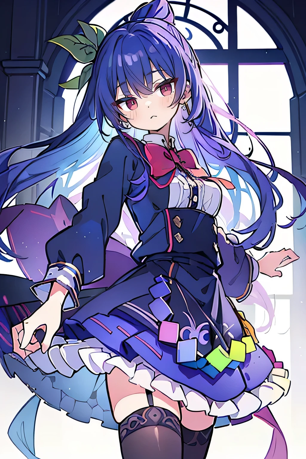 (best quality:1.3), (masterpiece:1.3), (illustration:1.3), (ultra-detailed:1.3), (imid shot:0.9), 1girl, medium breasts, purple eyes, (((dark blue hair))), hair ornaments, young, outfit-gladiia, long hair, dark blue hair, indoors, black shorts, thigh-highs, low ponytail, expressionless, upper body, close up, coat, skirt,