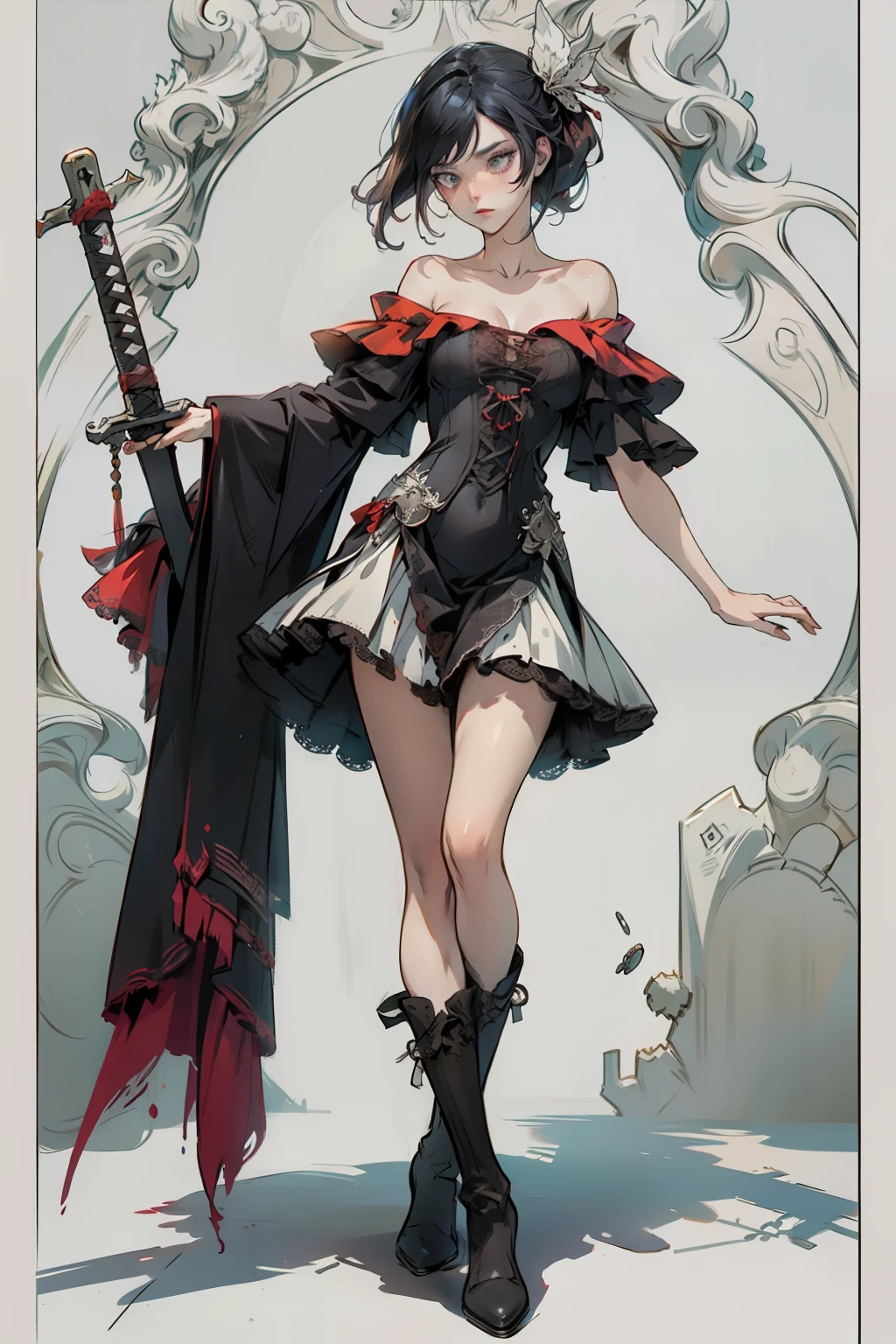 ((best quality)), ((masterpiece)), (detailed), 1girl, off-shoulder, blank white background, plain background, white background, red and white clothing, Bloodborne aesthetic, Bloodborne inspired, occult aesthetic, occult, detailed and intricate steampunk and detailed gothic, NSFW, Very dramatic and cinematic lighting, cosmic horror, grim-dark, side-lighting, perfect face, NSFW, Fluttering lace flared long knee length dress with frilly petticoats, knee length dress, pleated petticoats, petticoats gothic, complex lace boots, side-lighting, gothic aesthetic, wielding a mighty sword with mechanical components, carbine, NSFW, beautiful small breasts, small breasts, full body, whole body, body, plain background, white background, blank background, no background, white background NSFW, full body, whole body, head-to-toe NSFW,