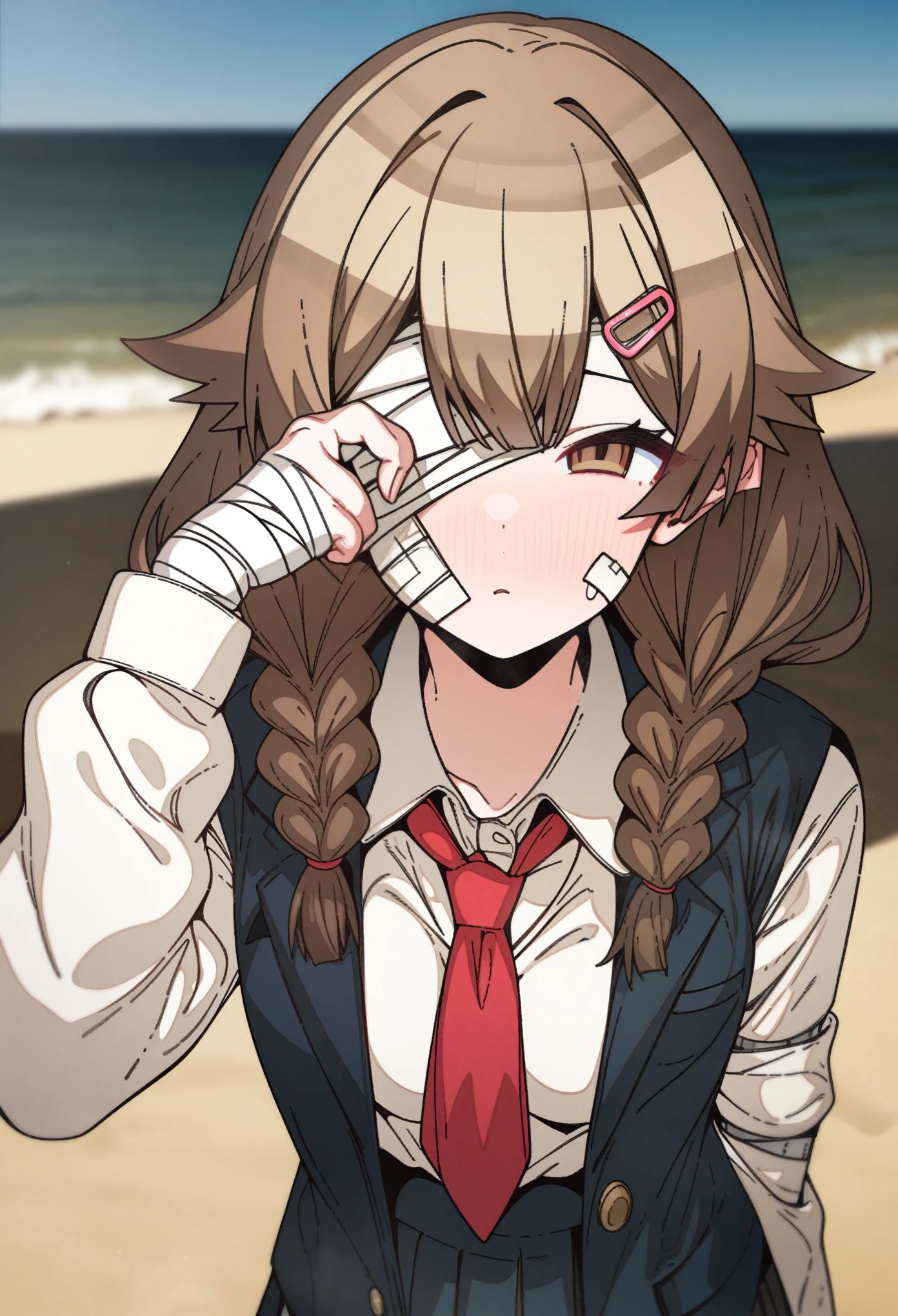 hoshino_(blue_archive) with brown hair and brown eyes, Artist, erere, Copyrights, idolmaster, idolmaster_shiny_colors, Character, General, 1girl, brown_hair, blunt_bangs, blush, medium_breasts, breasts, detailed eyelashes, beatiful girl:1, brown_eyes, censored, school_uniform, pleated skirt, blazer, hair_clip, twin_braids, rubbing_eyes, sleepy, red tie, (medium shot photography) (standing in middle, beach), sky:0.7, half-closed_eyes, detailed, sand, outdoors, looking_at_viewer, masterpiece, best_quality, great_quality, girl, solo, center_composition, centered character, cute, ((bandages_over_one_eye, bandages, bandaged head, banage_on_face))