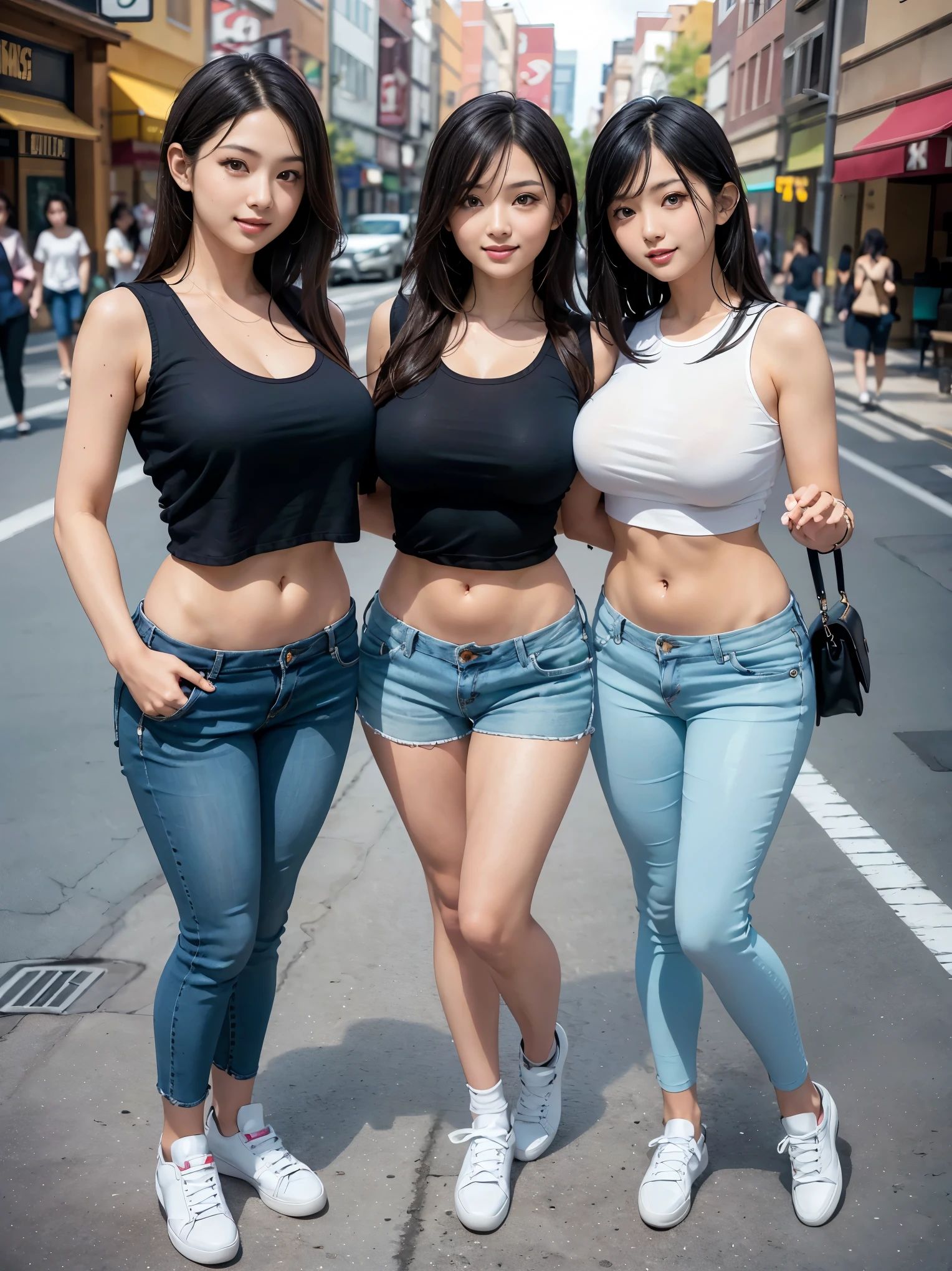 (Best Quality, Masterpiece, Photo realistic, Ultra Detailed, ultra high res, raw), (3 girls, group shot:1.3), pretty, Japanese, smile, bangs, double eyelids, (big breasts:1.3), (long hair| medium hair| short hair), (LowriseXL, LowwaistXL, groin), (cropped camisole), skinny jeans, navel, (sneaker, beautiful long legs, full body), main street, from below, (fashion model posing)