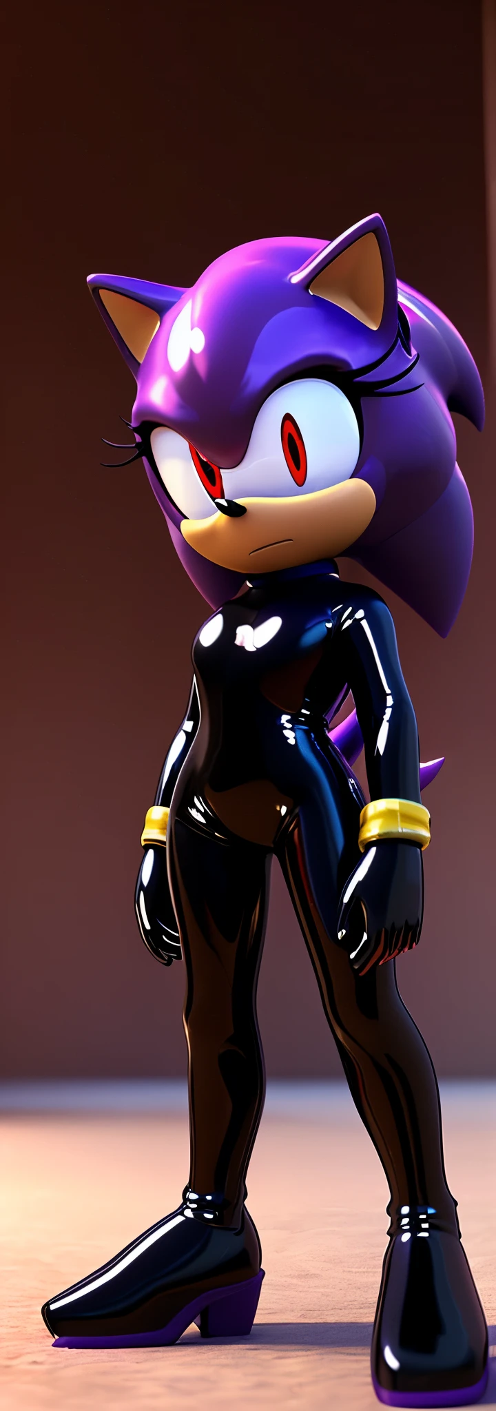 Solo, 1girl, full body image, rendered in SFM, ((sonic oc:1)), from sonic, high detail iconic character, in the new action-movie sonic, knothole forest, official render, 3d render official art, toon shader, ((female)), (((purple hedgehog))), ((shiny)) (medium purple fur:1.7), (((Amy rose style quills with gradient indigo tips1.6))), (((metallic purple eyeliner))) ((deep red eyes:1.5)), ((calm neutral expression)), ray trace 4 k, ray trace 4k, (((glossy black latex bodysuit:1.5)))