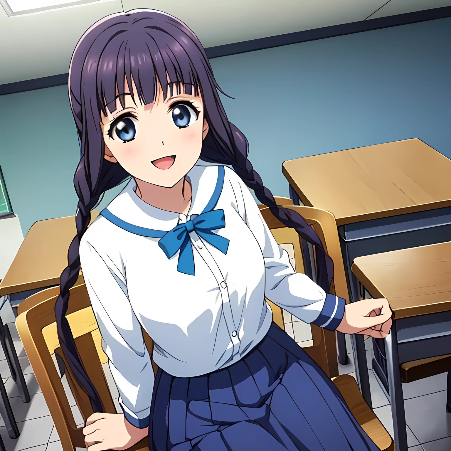(highest quality, masterpiece:1.2), highest quality, High resolution, 1080p, 8K, Height: 158cm, Anime-style CG, ((A beautiful game heroine sits on a chair in a school classroom and looks up at the viewer next to her with a smile)), A face that everyone loves, Glossy lips, Even bangs, Double, Long eyelashes on both the top and bottom, Smiling blue eyes, The very large and thick yellow ribbon bowtie is very cute., ((Black Hair)), ((long twin braids)), (((A long, neat, dark navy pleated skirt))), (((Dark navy blue long sleeve winter sailor suit))), The dark blue sailor suit is very pure, Smiling, slightly open mouth like a game heroine, Ribbon in hair, Tight waist, ((The wind blowing upwards is only shaking my bangs)), The ribbon is big and very pretty., Shot from above
