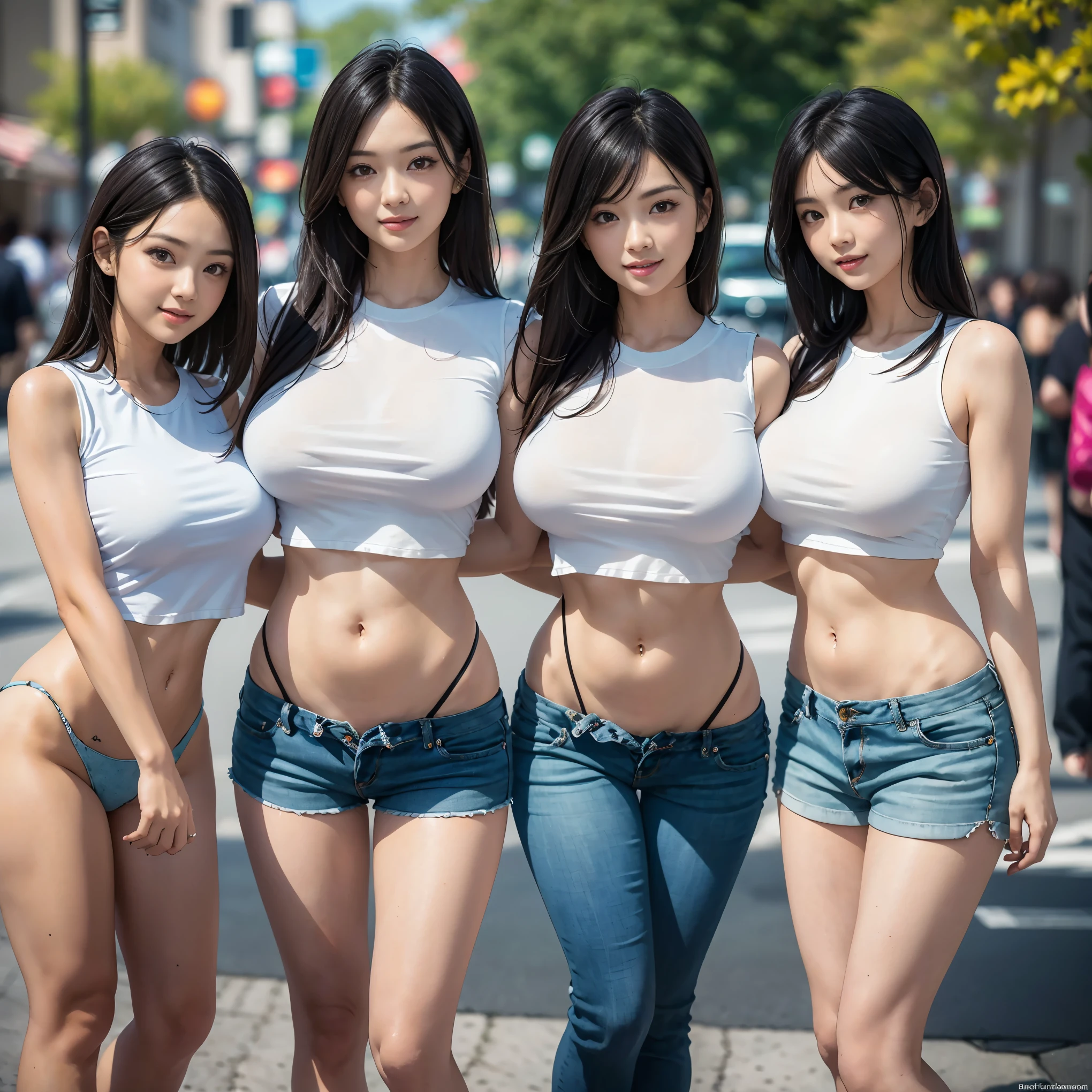 (Best Quality, Masterpiece, Photo realistic, Ultra Detailed, ultra high res, raw:1.3), (4 girls, group shot), pretty, Japanese, smile, bangs, double eyelids, (big breasts:1.3), (long hair| medium hair| short hair), (LowriseXL, LowwaistXL, groin), cropped T-shirt, skinny jeans, navel, sleeveless, (sneaker, beautiful legs, full body), main street,