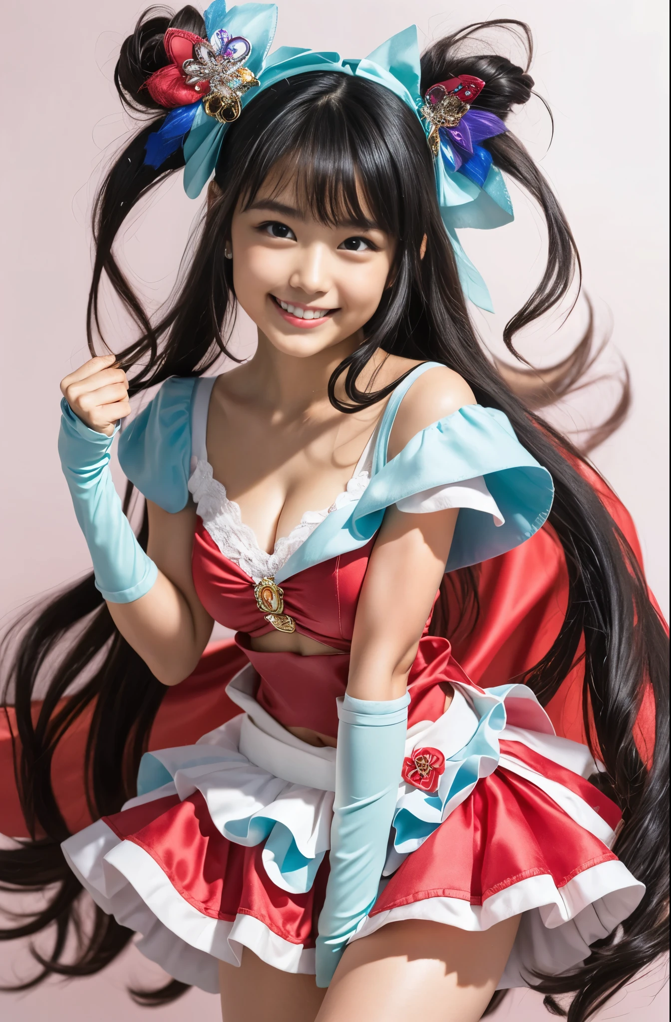 （8k、Raw photography、highest quality、masterpiece：1.2),(Black Hair、Dark Eyes:1.9),(Pretty Cure Costume:1.6)、View your audience,Viewed from the front,White skin,(:1.6)、(Tight waist:1.6)、(Clothes that accentuate the shape of the breasts:1.0)、(Big Breasts :1.3)、Slim figure、Ultra-high resolution,beautiful,beautiful fece,(one person、No background:1.9),whole bodyボディー,Japanese women,（reality的：1.37）、Photon Mapping,reality、(-face cute: 1.2)、(Cute Smile: 1.8)、(Round face: 1.8)、Radio City、Physically Based Rendering、Depth of field rally background、photograph, (I can see your knees、Thigh close-up:1.8),（:1.6）,whole body、Great quality