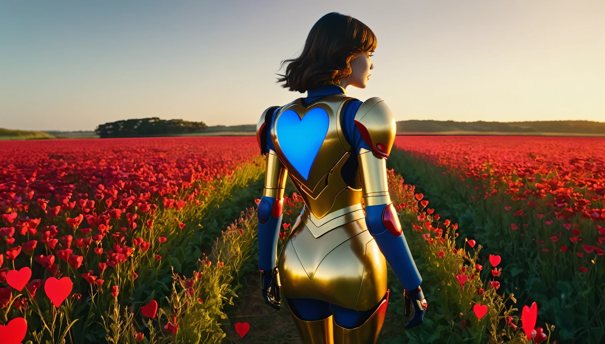 "As the sun begins to set, the camera captures a beautiful wide shot of the fields of a abstract shape of red hearts flowers bathed in golden light. The female brunet android with wears a cyber uniform red and blue walks back to her vehicle, the camera tracking her movements smoothly."