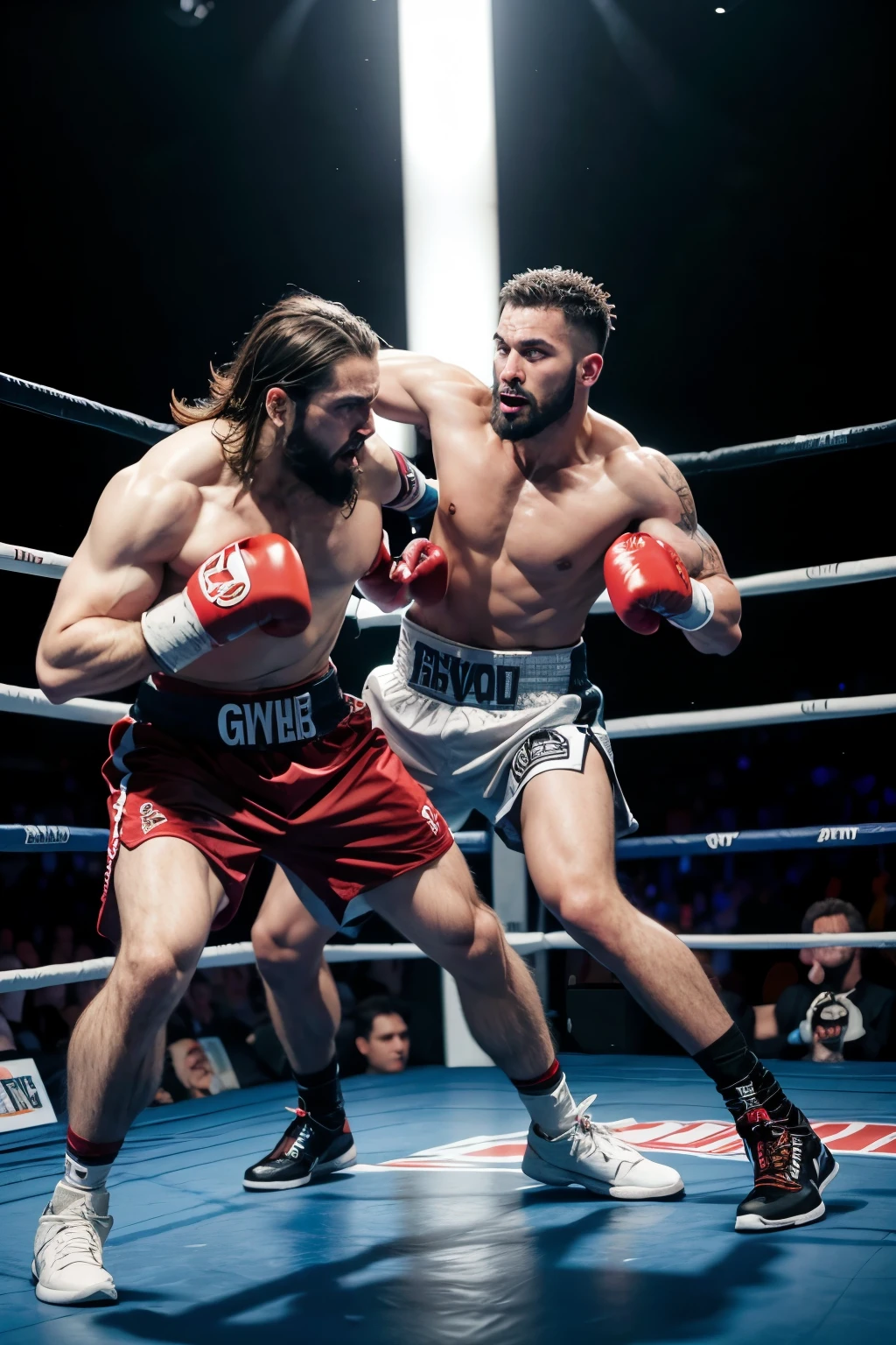 Giga buff jesus in a ring boxing fight against a giga buff Devil