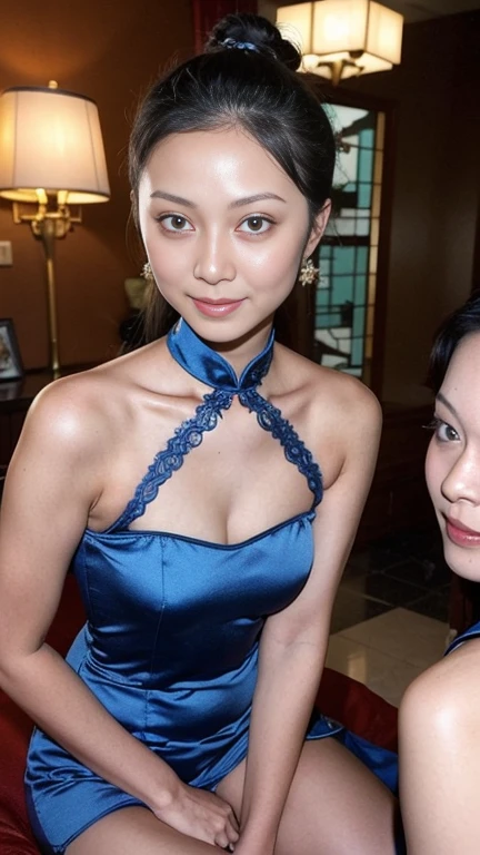 high-level image quality、closeup portrait:1.4,detailed faces,Like a shot with an SLR、Sensual body,thighs、slit、Painting a work of art depicting two women in a translucent traditional cheongsam sitting together,duo,((sisterhood)),front view,rendering by octane, hdr,leering:1.3,topknots,hairbuns,Chinese hair ornament:1.4,Chinese hairpins:1.4,Chinese hairsticks:1.4,Fireflies, night, starry sky, jewelry,light particles, (fantasy: 1.2), stars, fantasy, small medium breasts