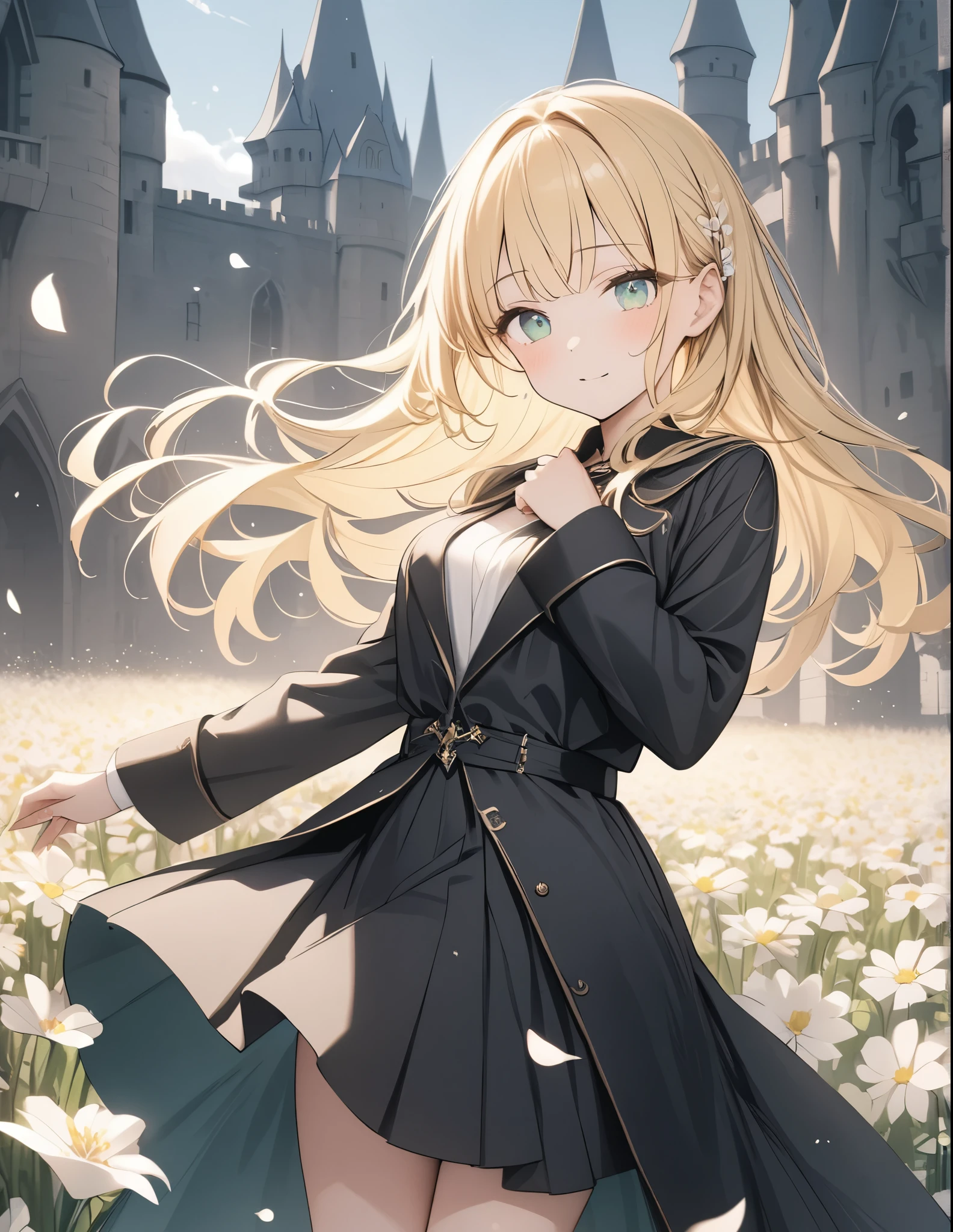 ((Colored pencil style、pale colour)),35mm, f/1.2, UHD, high details, best quality, highres, masterpiece、Medieval fantasy world、Castle in the background、Black long coat、girl、Blonde、Emerald Eyes、whole body、Flower fields all around、The petals dance and shine