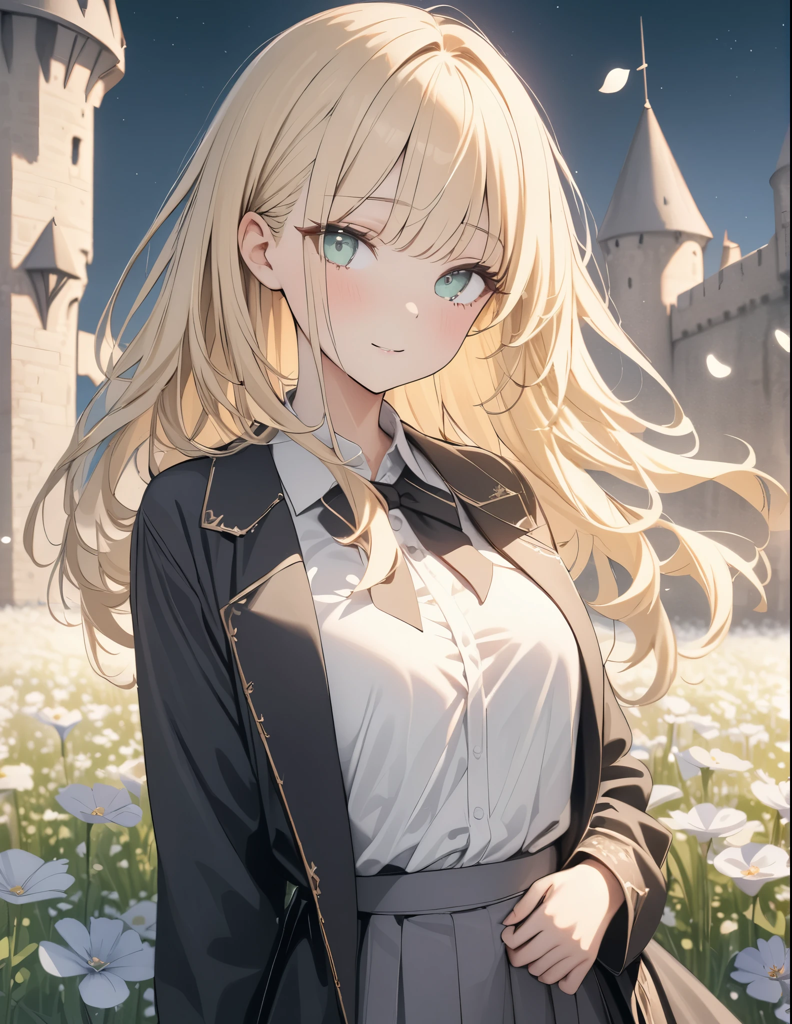 ((Colored pencil style、pale colour)),((masterpiece))、35mm, f/1.2, UHD, high details, best quality, highres, masterpiece、Medieval fantasy world、Castle in the background、Black long coat、girl、Blonde、Emerald Eyes、whole body、Flower fields all around、The petals dance and shine