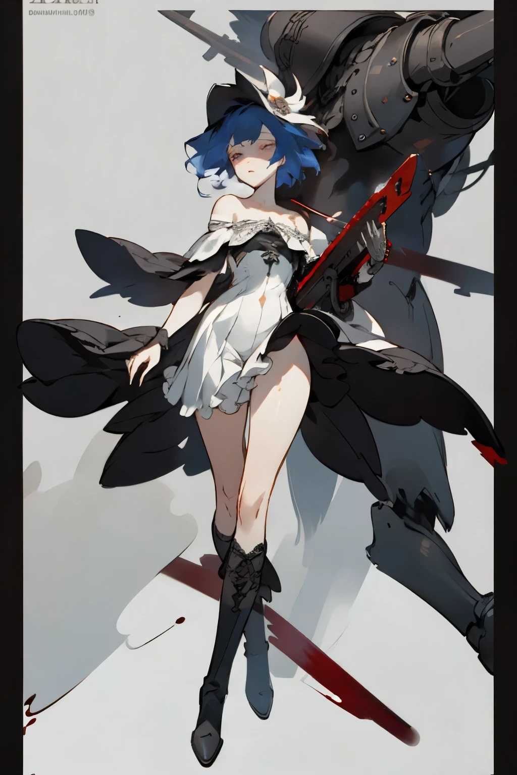 ((best quality)), ((masterpiece)), (detailed), 1girl, off-shoulder, blank white background, plain background, white background, red and white clothing, Bloodborne aesthetic, Bloodborne inspired, occult aesthetic, occult, detailed and intricate steampunk and detailed gothic, NSFW, Very dramatic and cinematic lighting, cosmic horror, grim-dark, side-lighting, perfect face, NSFW, Fluttering lace flared long knee length dress with frilly petticoats, knee length dress, pleated petticoats, petticoats gothic, complex lace boots, side-lighting, gothic aesthetic, wielding a mighty sword with mechanical components, carbine, NSFW, beautiful small breasts, small breasts, full body, whole body, body, plain background, white background, blank background, no background, white background NSFW, full body, whole body, head-to-toe NSFW,