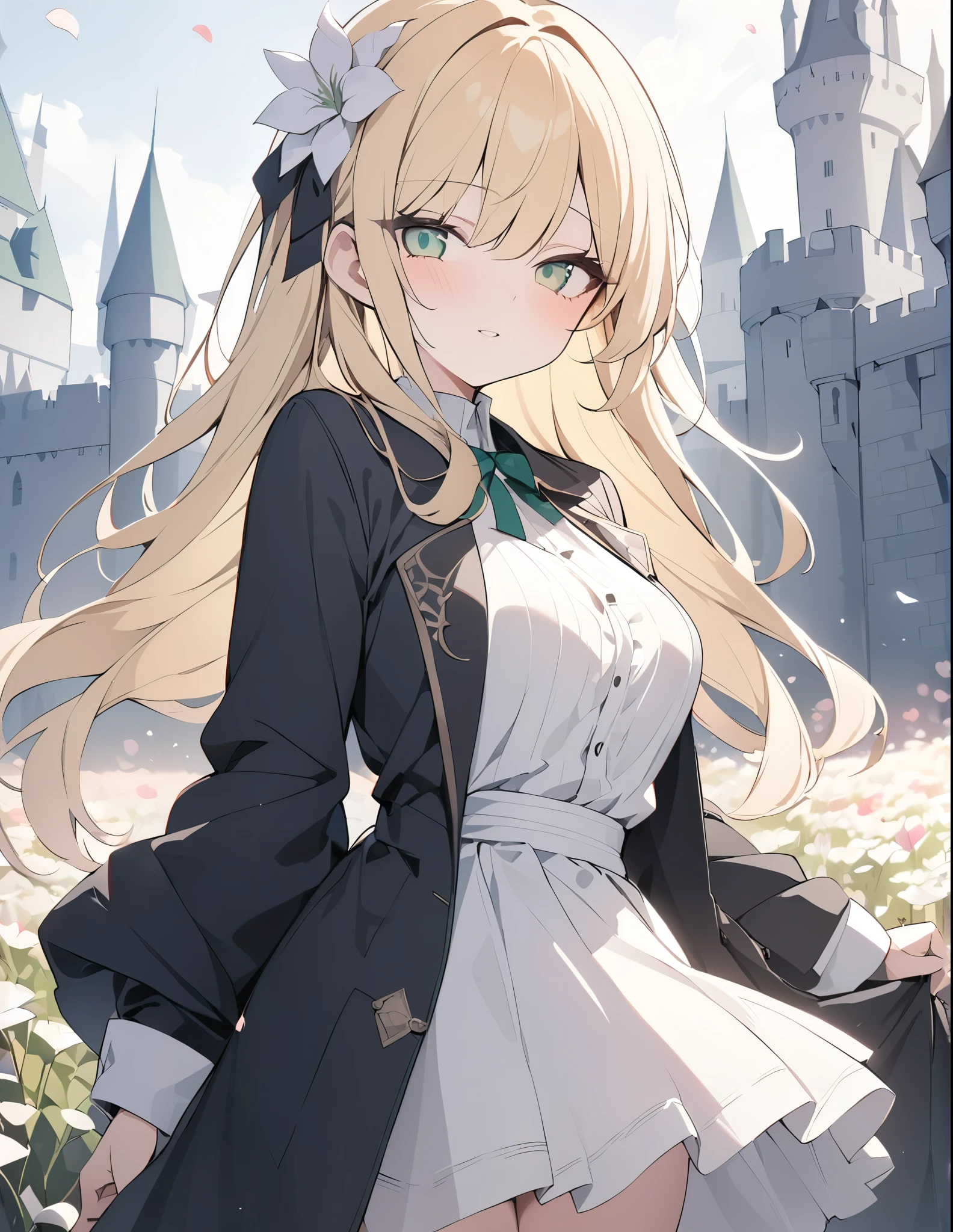 ((detailed、masterpiece)),((pale colour)),35mm, f/1.2, UHD, high details, best quality, highres, masterpiece、Medieval fantasy world、Castle in the background、Black long coat、girl、Blonde、Emerald Eyes、whole body、Flower fields all around、The petals dance and shine