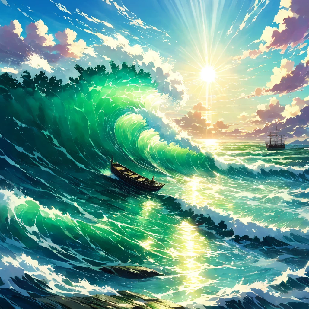 大Ocean原, Ocean, Wave, Swirl, green, blue, 白Wave, Powerful, dynamic, Ocean鳥, null, cloud, sun, Light, reflection, Boat, track, nature, Magnificent, fear, mystery, Sucked in, 深Ocean, unknown,beautiful Anime Scenery, Landscape painting, Beautiful digital painting, Andreas Rocha, Beautiful artwork illustration, Awesome Wallpapers, Raymond Han, Tall beautiful paintings, スタジオグリブリー 新Ocean誠, Beautiful Wallpapers, Anime Scenery