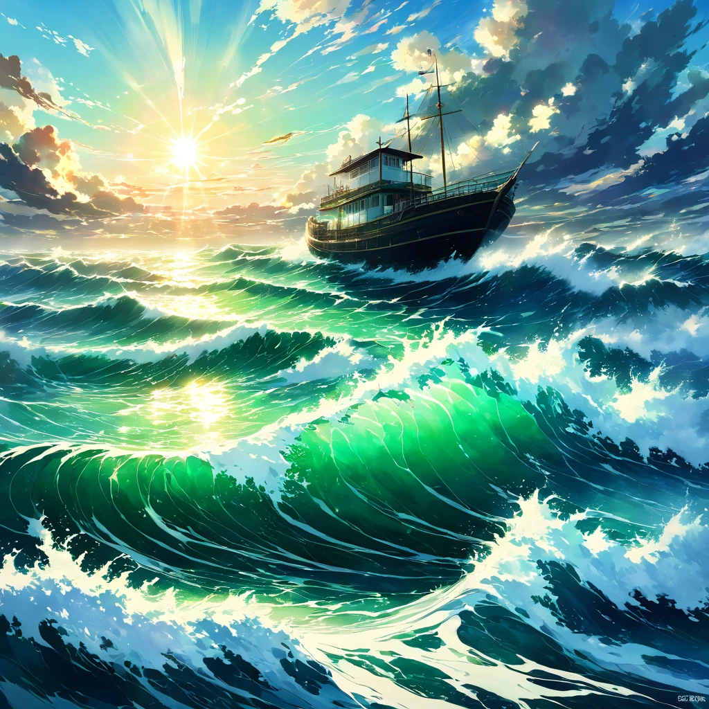 大Ocean原, Ocean, Wave, Swirl, green, blue, 白Wave, Powerful, dynamic, Ocean鳥, null, cloud, sun, Light, reflection, Boat, track, nature, Magnificent, fear, mystery, Sucked in, 深Ocean, unknown,beautiful Anime Scenery, Landscape painting, Beautiful digital painting, Andreas Rocha, Beautiful artwork illustration, Awesome Wallpapers, Raymond Han, Tall beautiful paintings, スタジオグリブリー 新Ocean誠, Beautiful Wallpapers, Anime Scenery