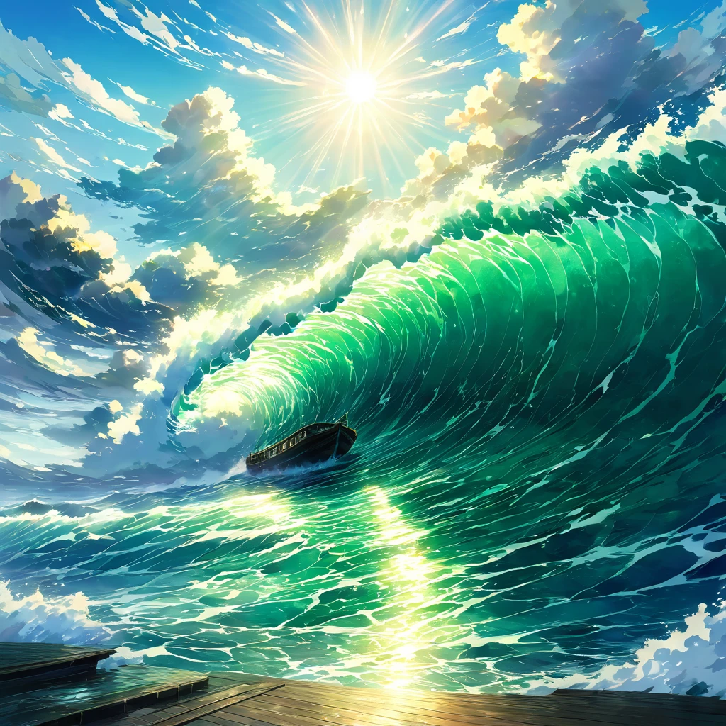 大Ocean原, Ocean, Wave, Swirl, green, blue, 白Wave, Powerful, dynamic, Ocean鳥, null, cloud, sun, Light, reflection, Boat, track, nature, Magnificent, fear, mystery, Sucked in, 深Ocean, unknown,beautiful Anime Scenery, Landscape painting, Beautiful digital painting, Andreas Rocha, Beautiful artwork illustration, Awesome Wallpapers, Raymond Han, Tall beautiful paintings, スタジオグリブリー 新Ocean誠, Beautiful Wallpapers, Anime Scenery