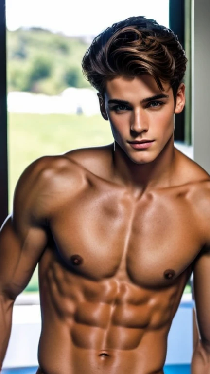 the most beautiful boy, 17 year old boy, he wears a tank top, white tank top, slim body, defined body, harmonious body, symmetrical body, attractive man, handsome man, looking at the camera, evil smile, light brown hair, he is a moodel top, greek model, pose, film grain, ultra-detailed, portrait