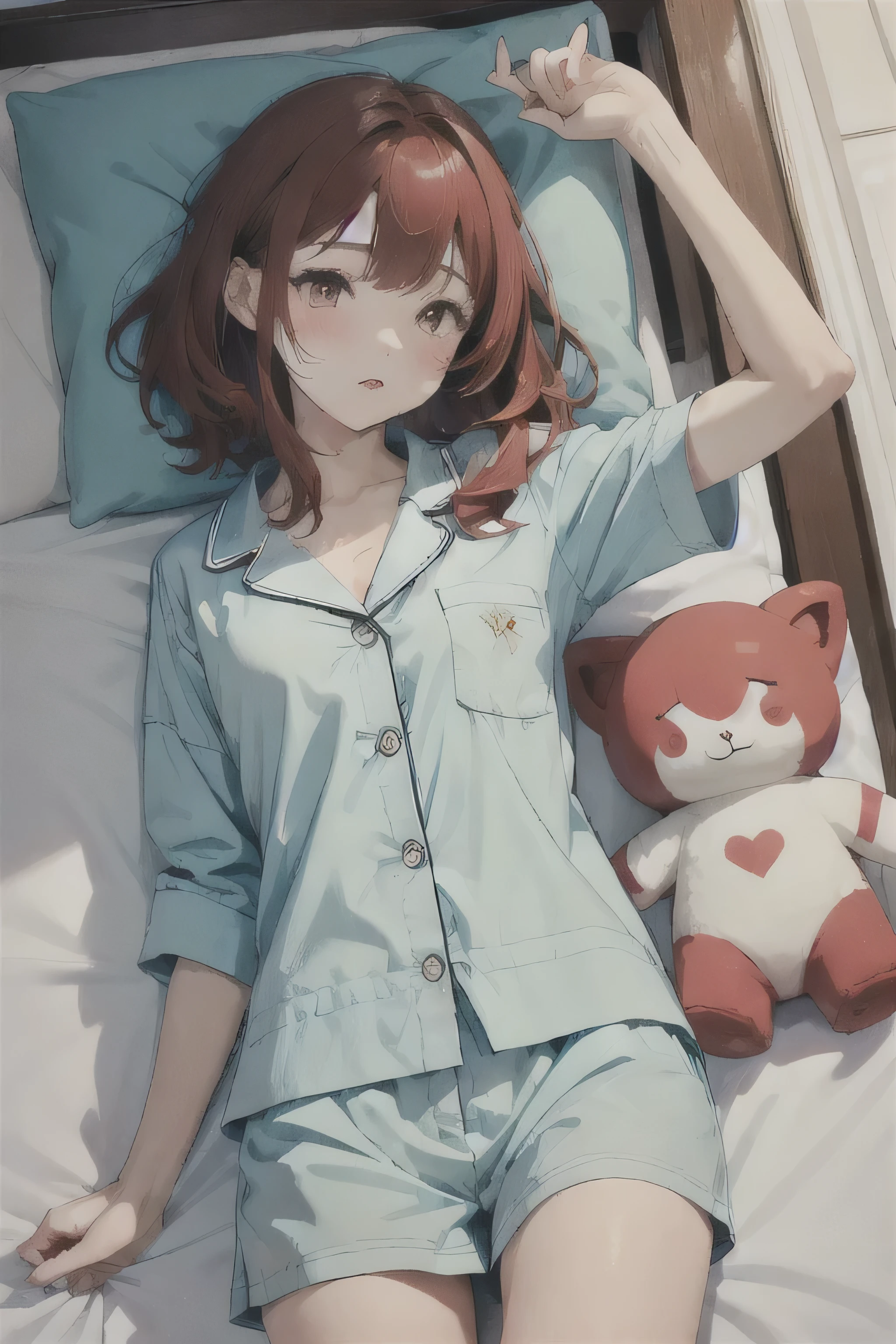 1 girl, Redhead, Red eyes, Impact, RAW Photos, 8k, masterpiece,pajamas、bed、Are sleeping、