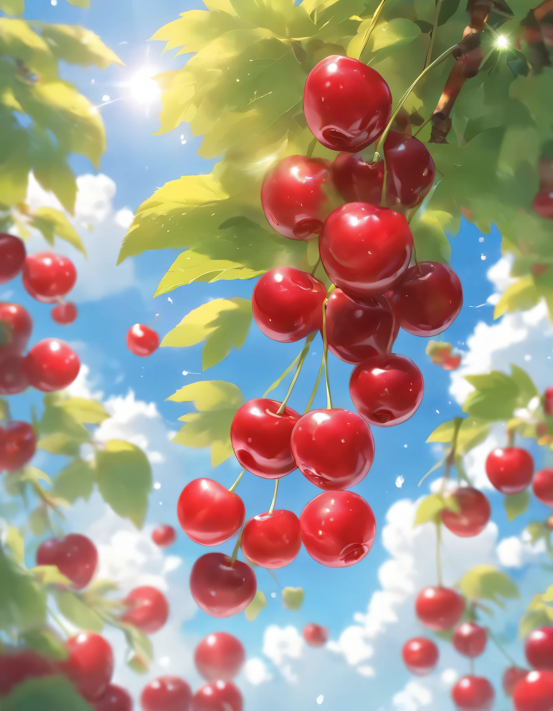 wallpaper, Poster, fruits, (a few fresh cherries), Moist, summer, blue sky, White cloud, HD detailed, Moist watermark, Super detailed, movie, Hyperrealism, Soft Light, Deep focus bokeh, Ray Tracing, --Rainbow 5