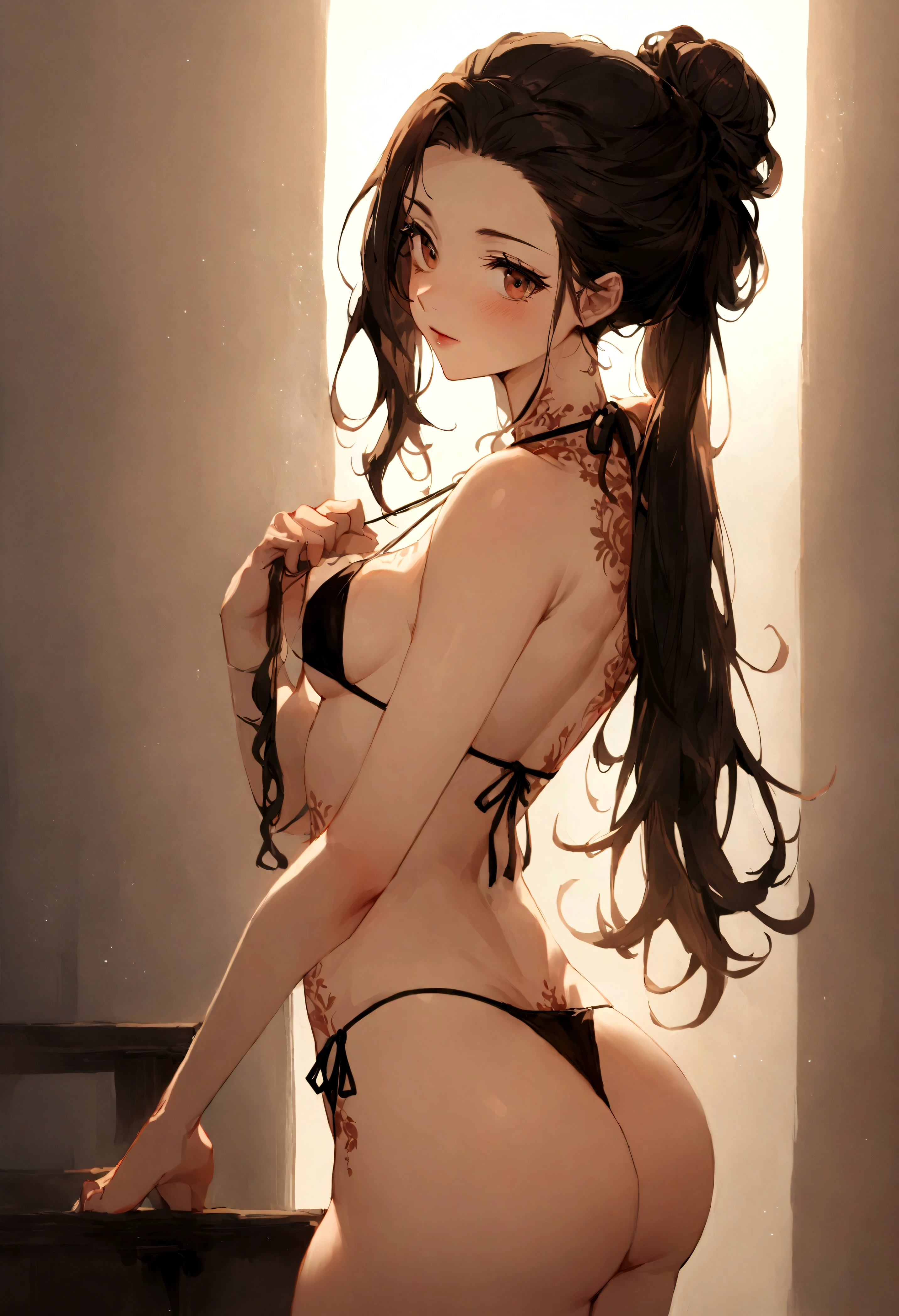 (A sexy Asian woman ?(age 20), (tiny bikini, athletic, big butt, long hair put up in fancy style) she has love poems penned with henna on her back in a artsy font) she is holding her hair up, her back is to the viewer