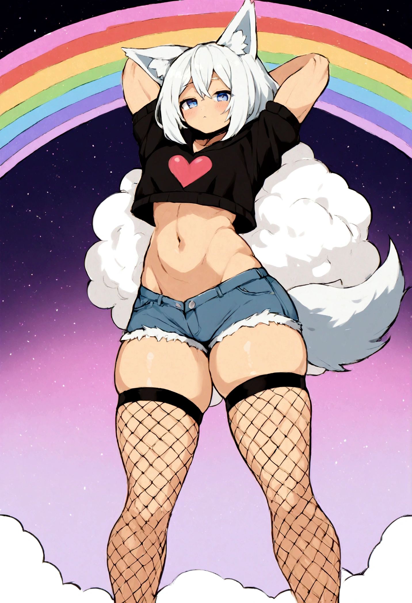 a cute adult male with wolf ears, white hair, has a wolf tail, wearing a loose cropped oversized black hoodie, wearing a pair of denim short shorts and thigh high fishnet stockings, thick thighs, wide hips, relaxing on mound of fluffy multi colored kawaii plushies, short, very slim, showing slender tummy, stretching out, heart on hoodie, squishy thighs, has glowing blue eyes. alone, solo (ALONE)(SOLO), surrounded by rainbows, colorful galaxy backround, nice butt